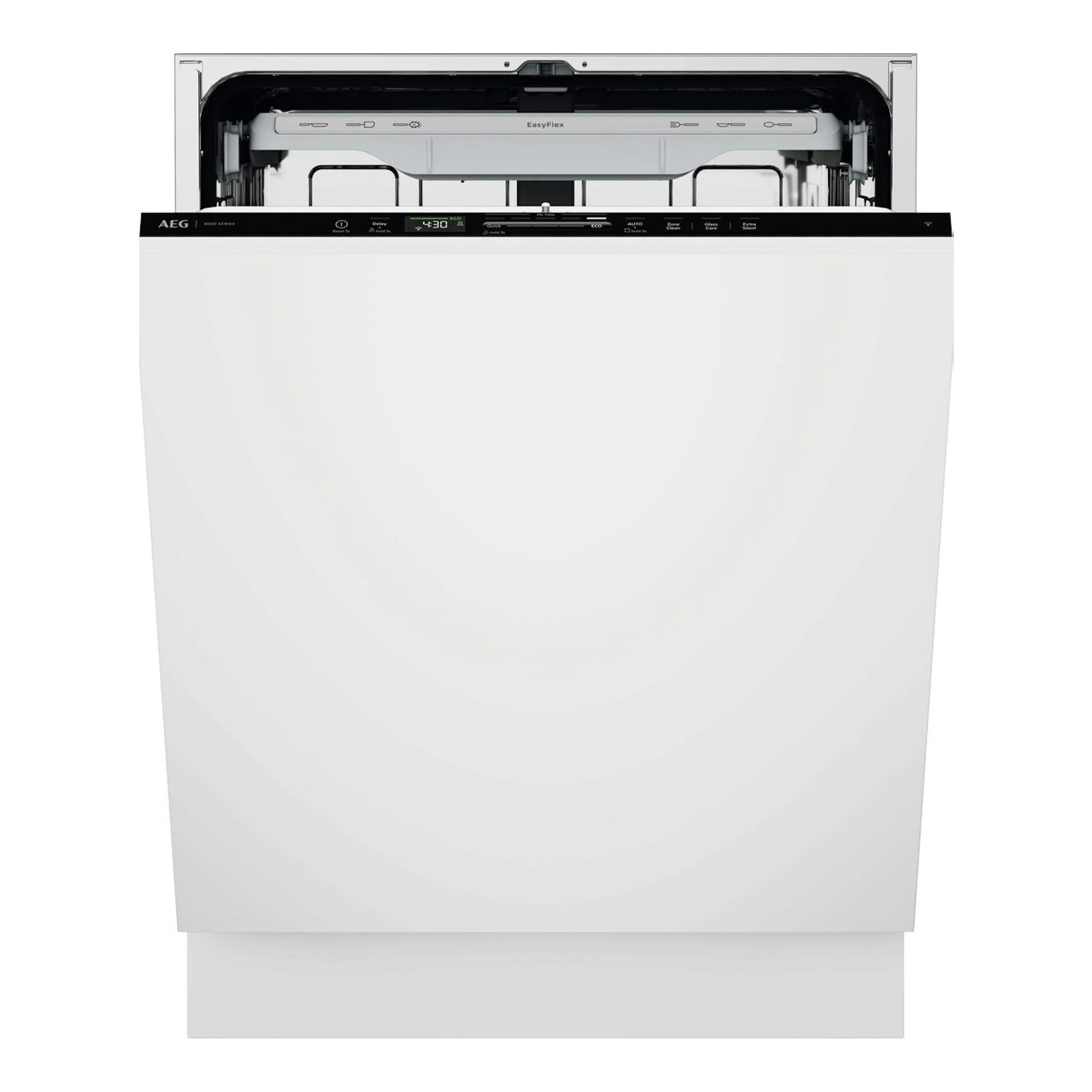 Lavavajillas integrable AEG GI8200A2SG blanco, vista frontal con la puerta abierta y panel negro superior.