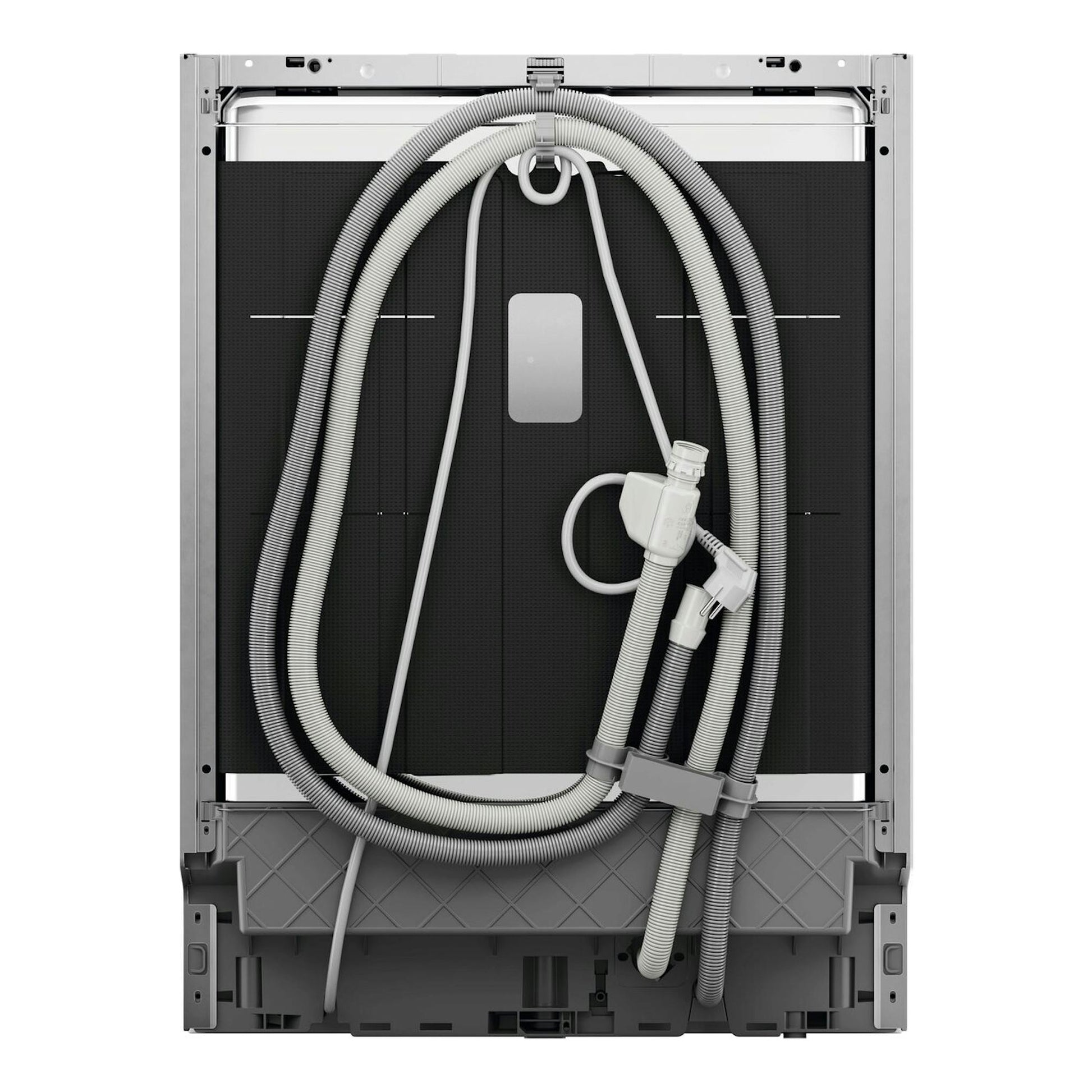 Lavavajillas integrable AEG GI8200A2SG, vista trasera, con mangueras y cableado en gris y negro.