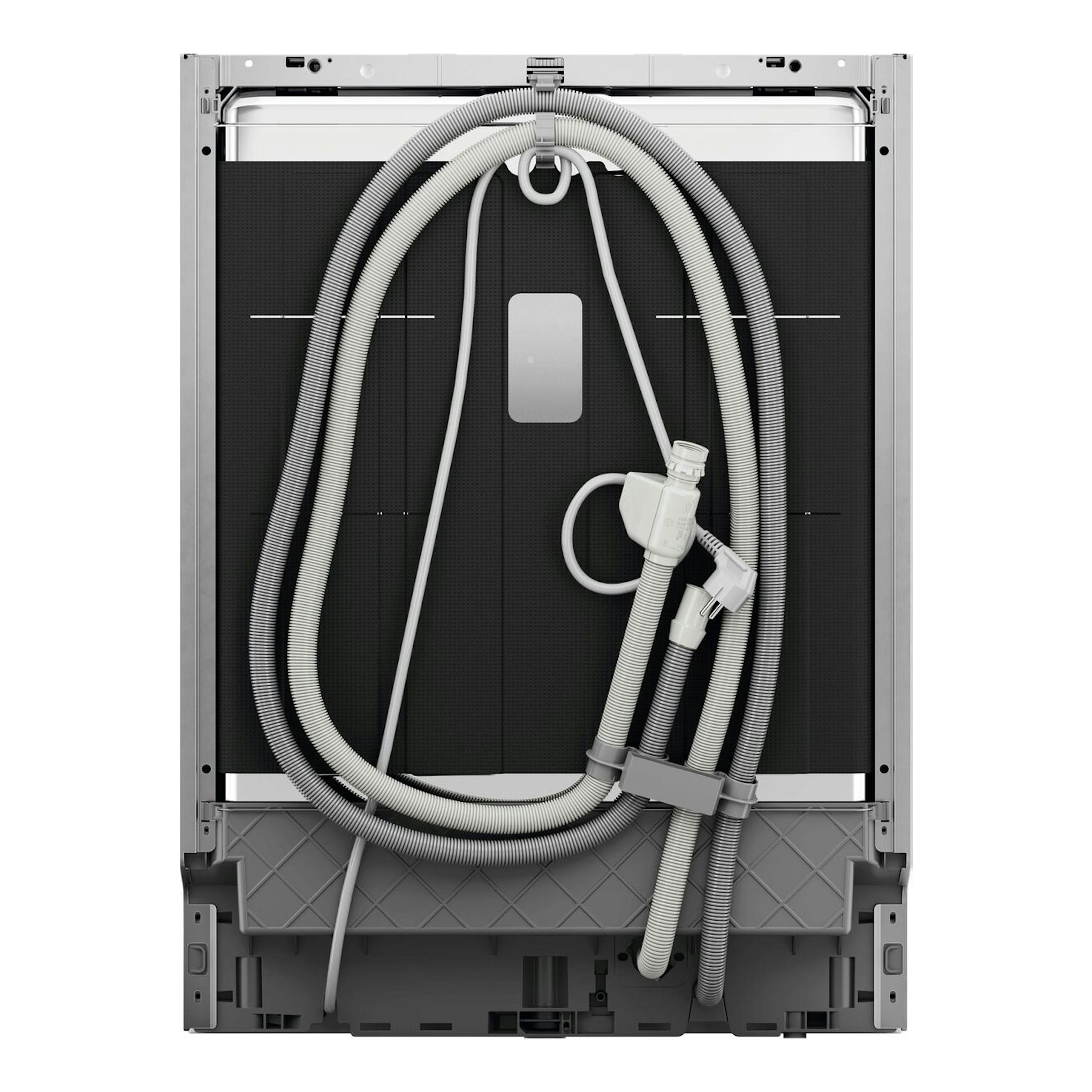 Lavavajillas integrable AEG GI8200A2SG, vista trasera, con mangueras y cableado en gris y negro.