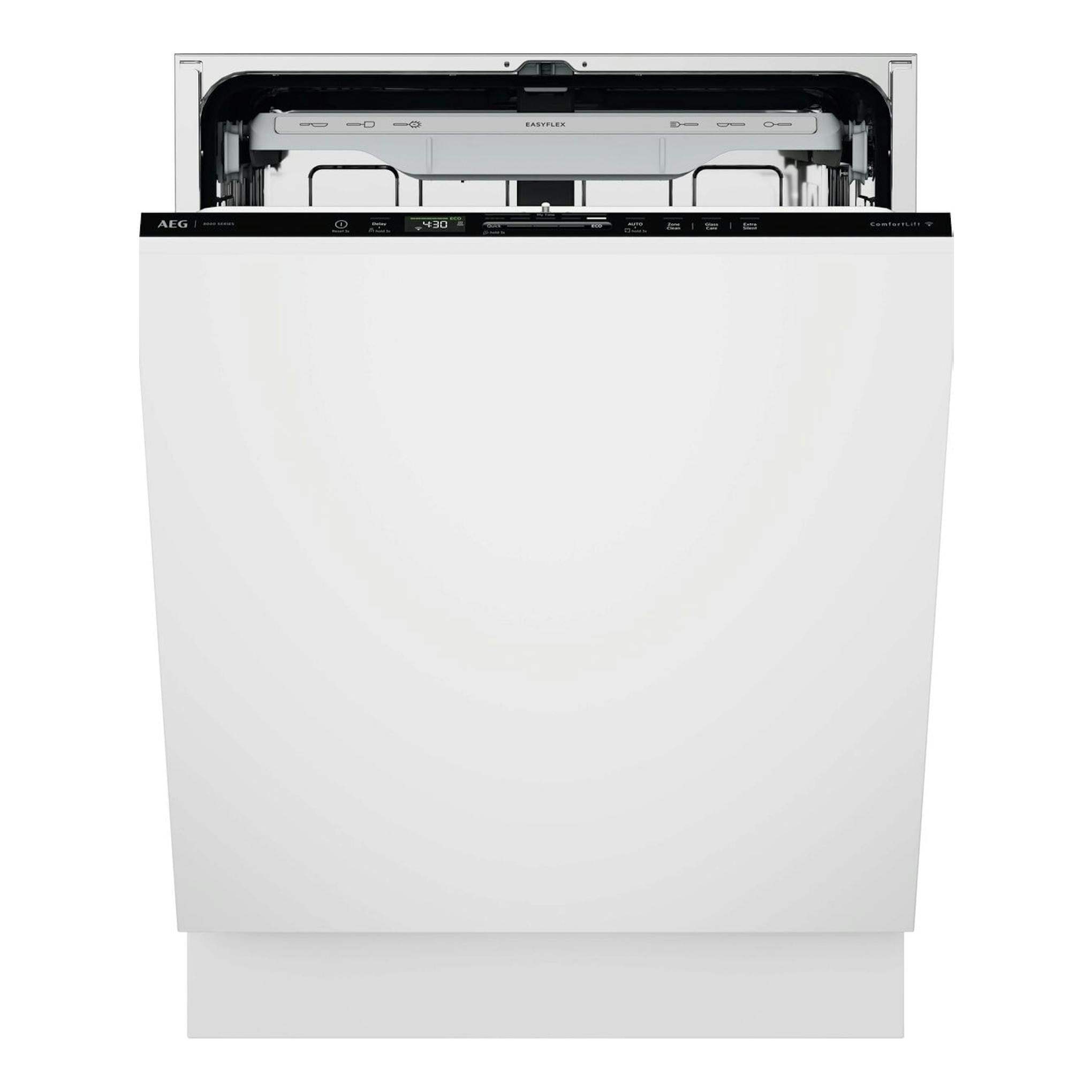 Lavavajillas integrable AEG GI8200X5TN en blanco, vista frontal con puerta abierta y panel negro.