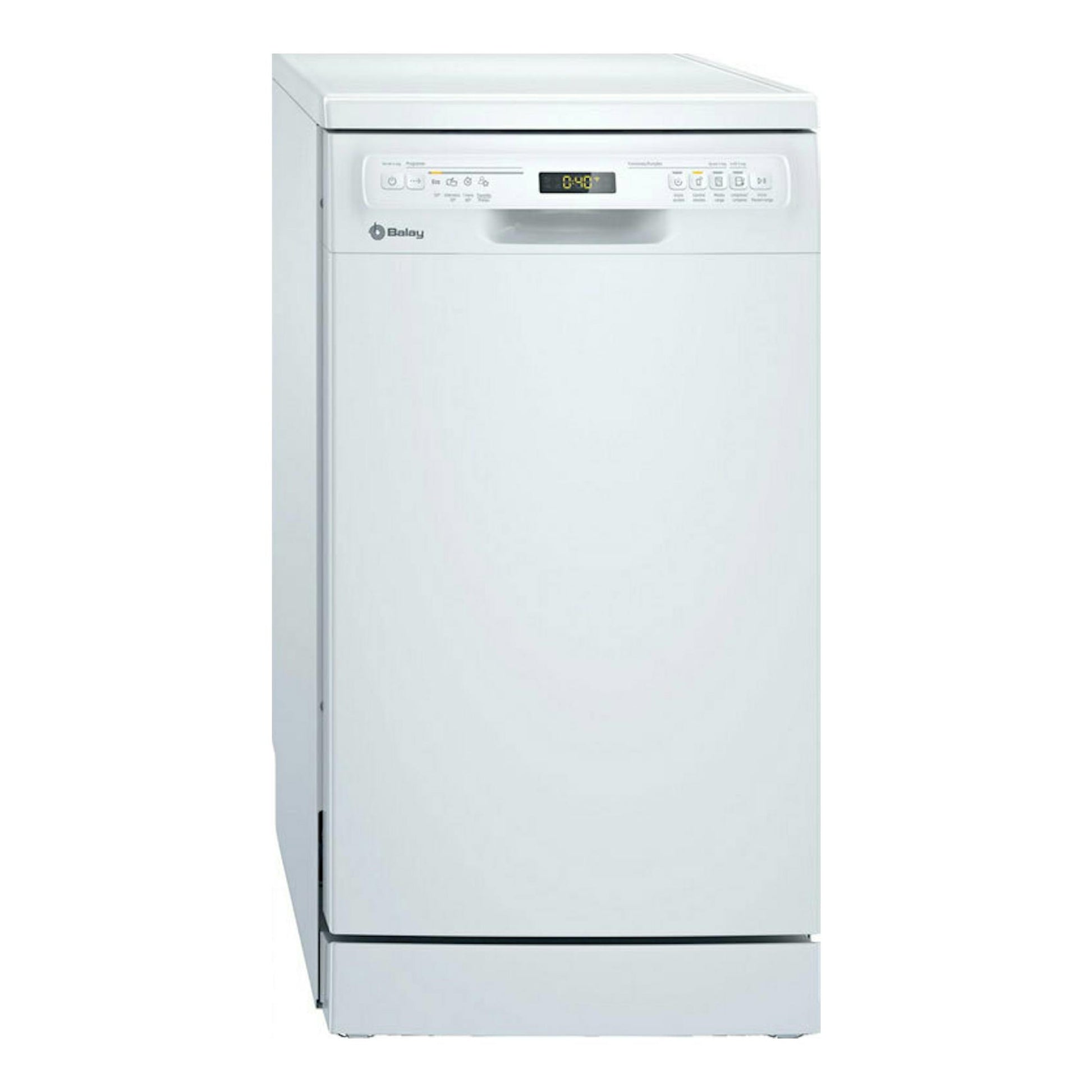 Lavavajillas Balay 3VN4030BA de 45 cm, blanco, vista frontal con panel superior y pantalla digital.