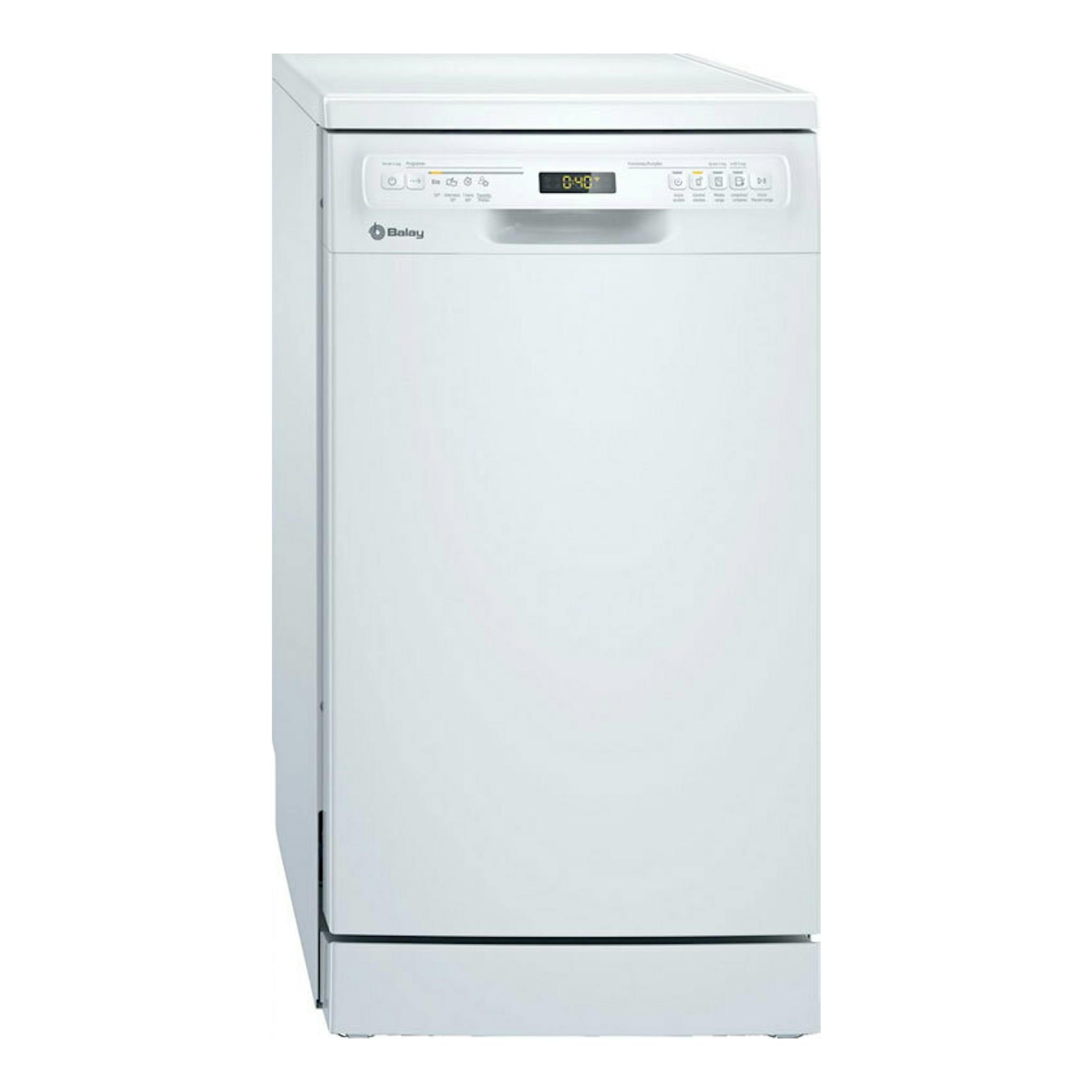 Lavavajillas Balay 3VN4030BA de 45 cm, blanco, vista frontal con panel superior y pantalla digital.