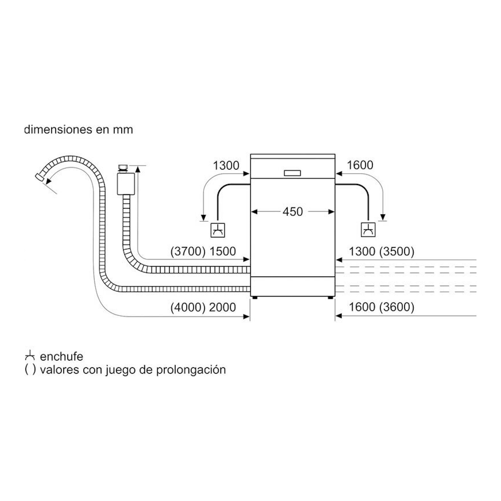 Balay 3VN4030BA: esquema técnico de instalación de lavavajillas de 45 cm con medidas en mm.