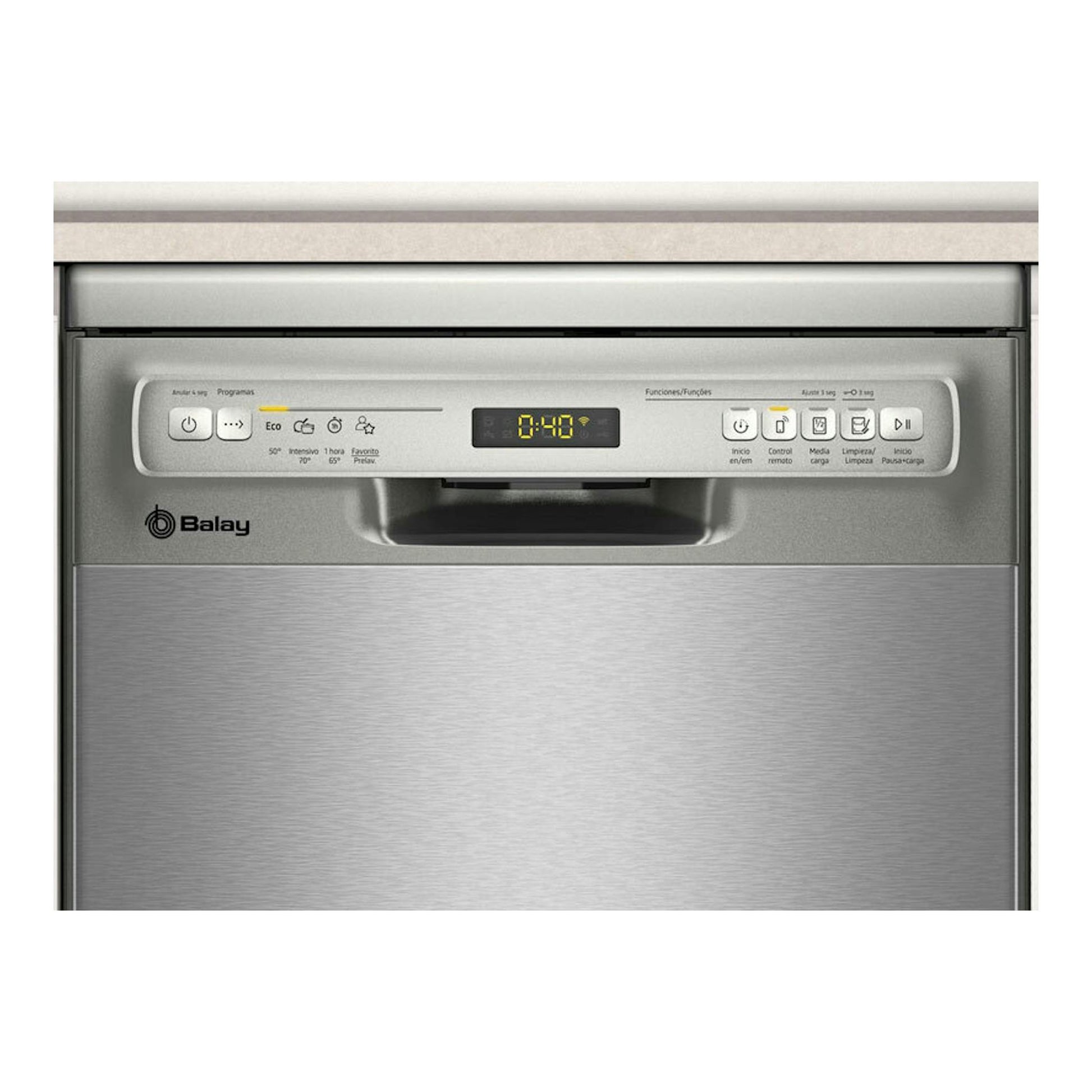Lavavajillas Balay 3VN4030IA de acero inoxidable, vista frontal con panel de control y pantalla digital.