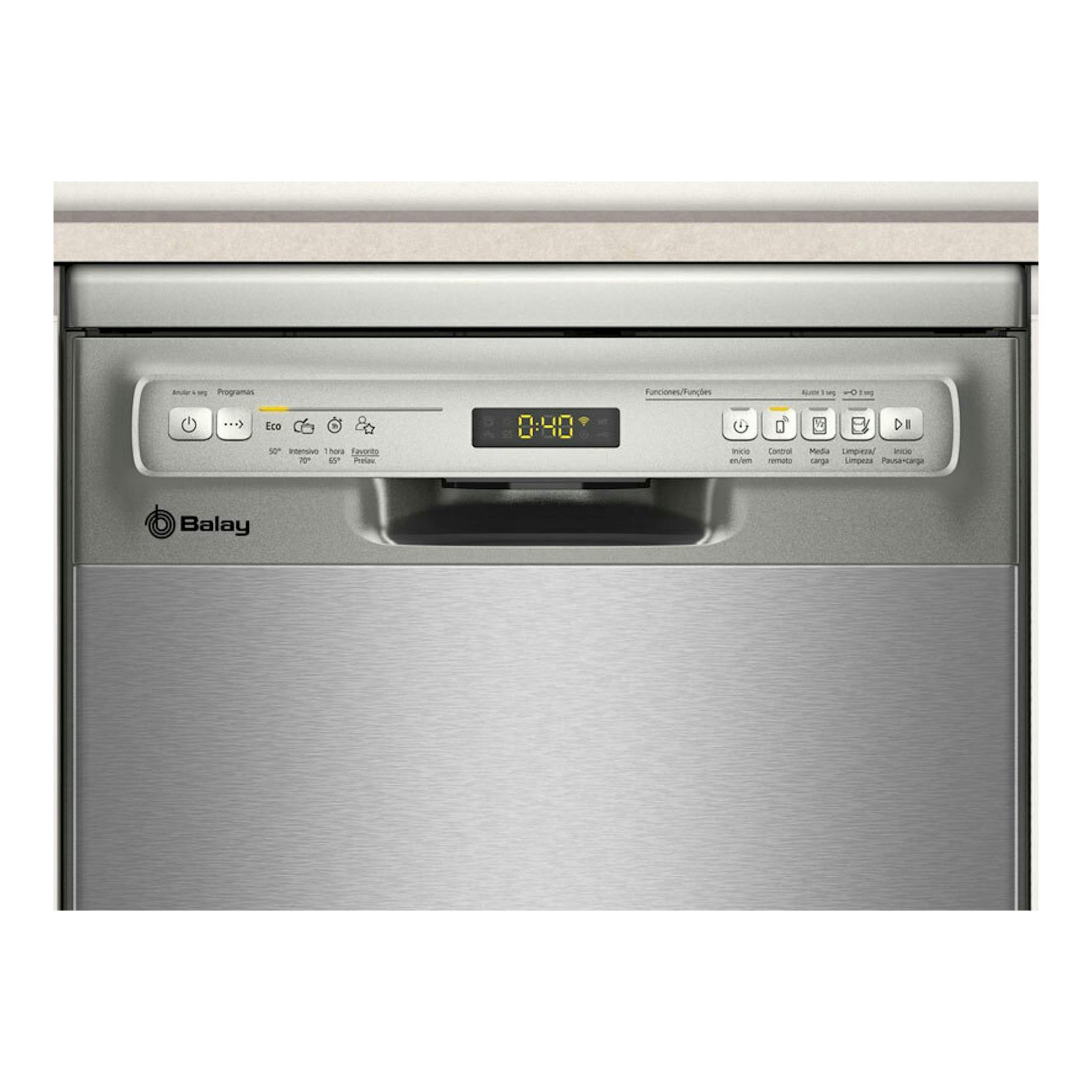 Lavavajillas Balay 3VN4030IA de acero inoxidable, vista frontal con panel de control y pantalla digital.