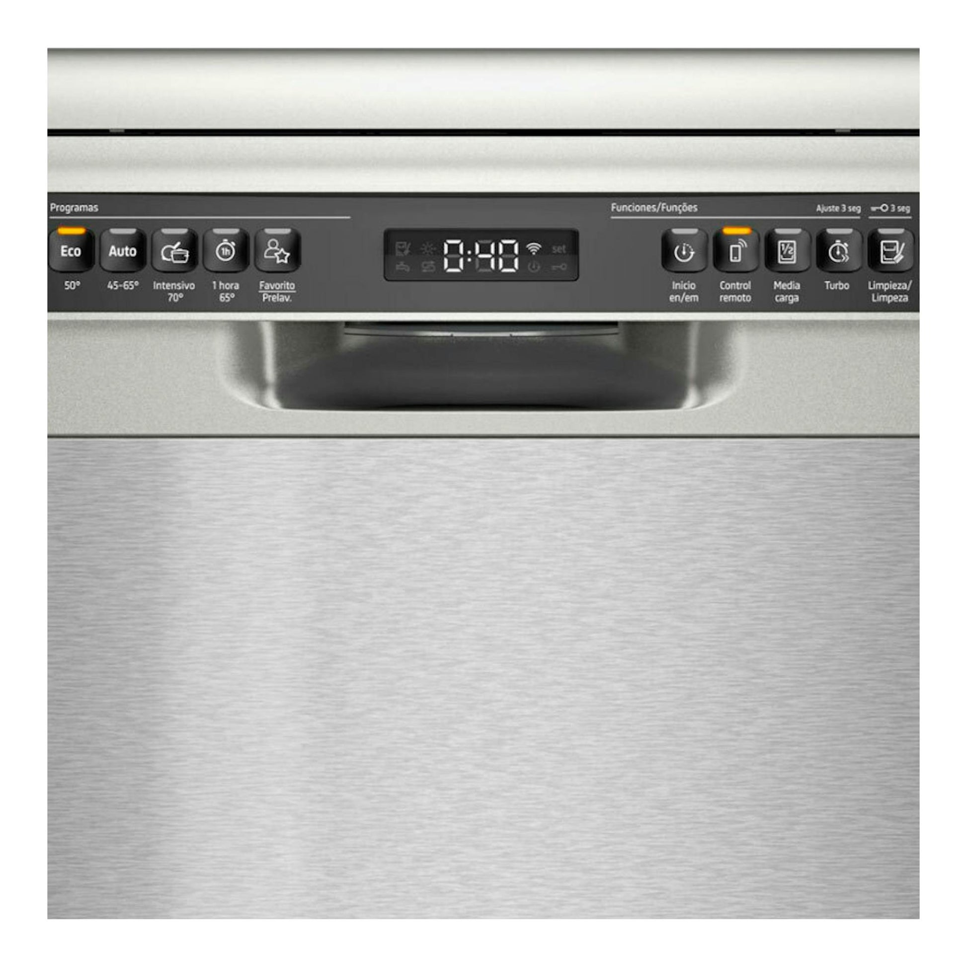 Lavavajillas Balay 3VS5011IA en inox, vista frontal con panel de control y pantalla digital.