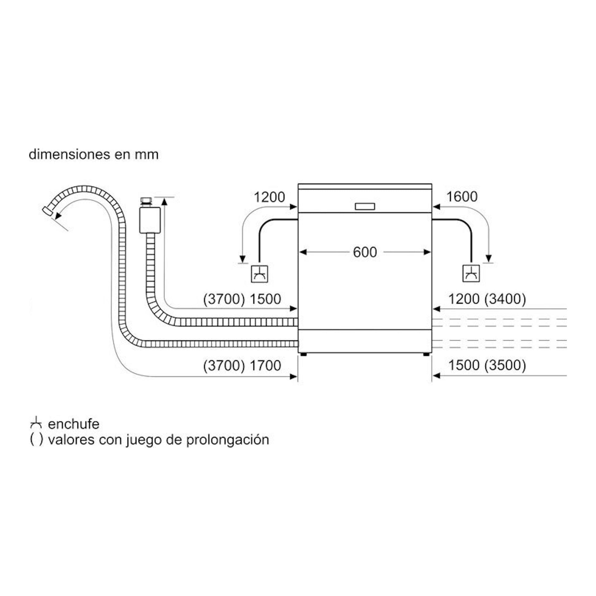 Diagrama de instalación de lavavajillas Balay 3VS5031BP, vista frontal, con medidas en mm y conexiones.