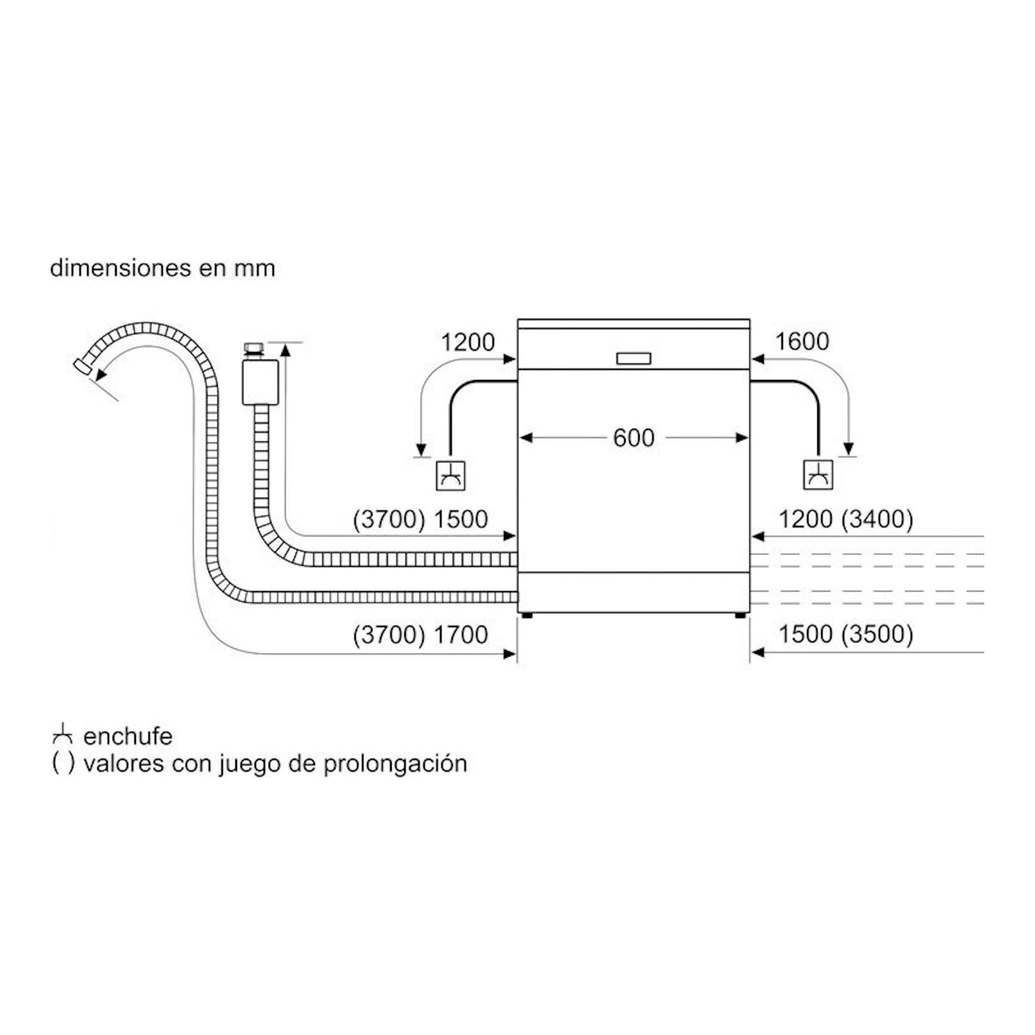 Diagrama de instalación de lavavajillas Balay 3VS5031BP, vista frontal, con medidas en mm y conexiones.