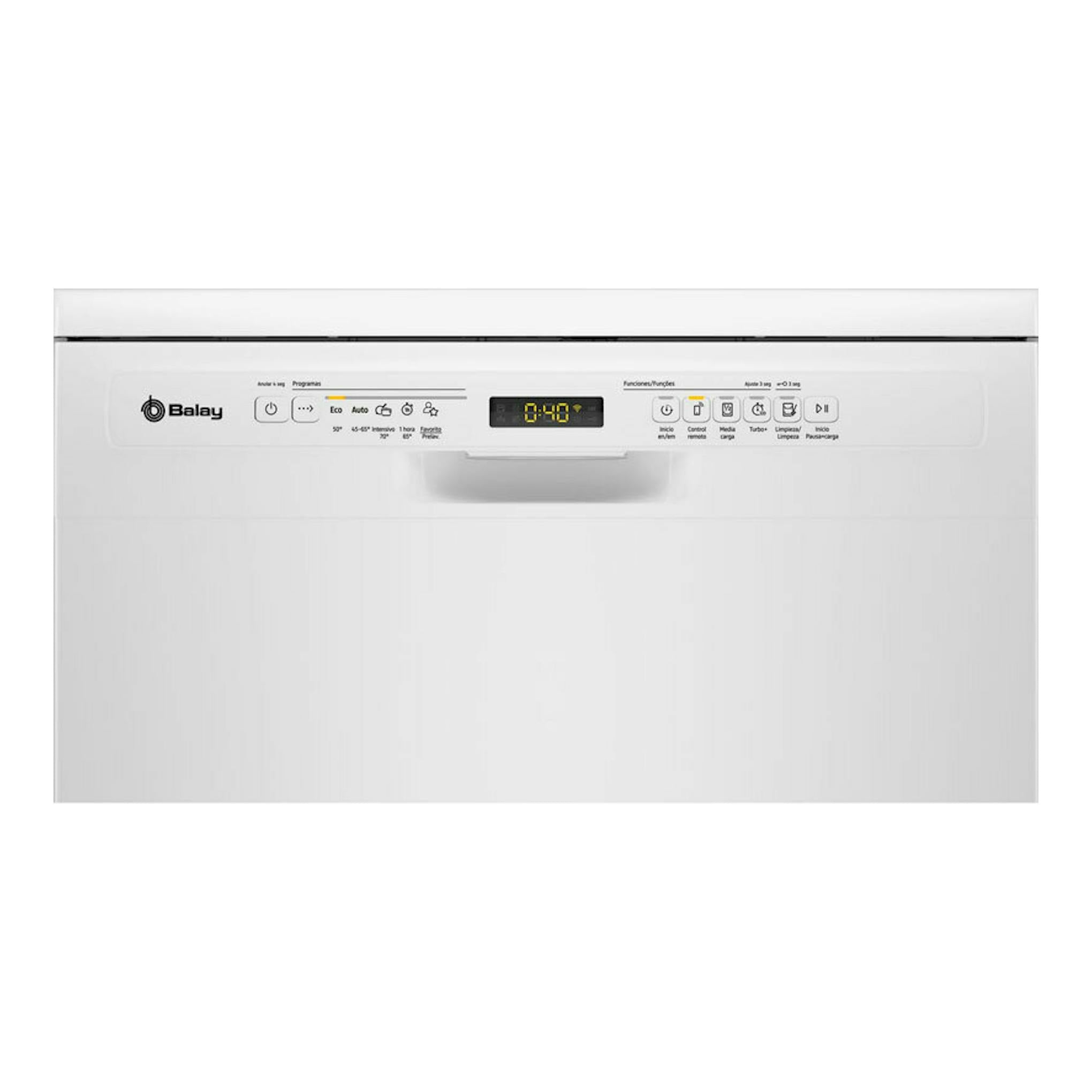 Lavavajillas Balay 3VS5031BP blanco, vista frontal con panel de control y display digital.