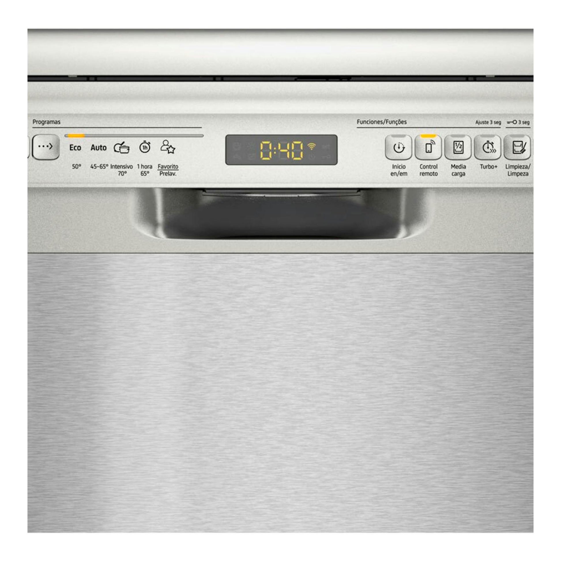 Lavavajillas Balay 3VS5032IP de acero inoxidable, vista frontal con panel de control y display.