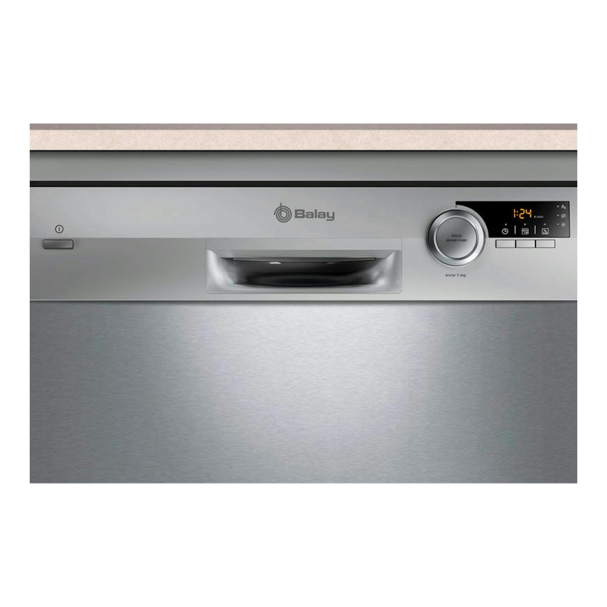 Lavavajillas Balay 3VS506IP de 60 cm, vista frontal, acabado inox y panel de control superior.