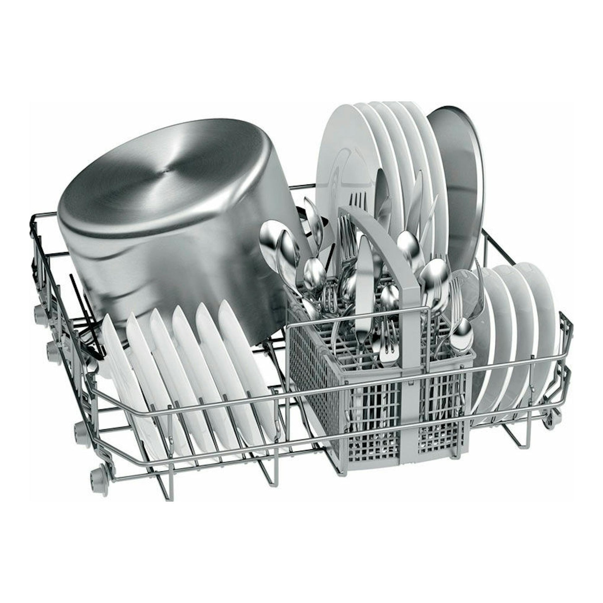 Balay 3VS506IP 60 cm: cesta de lavavajillas con platos, vasos, ollas y cubiertos en vista frontal.