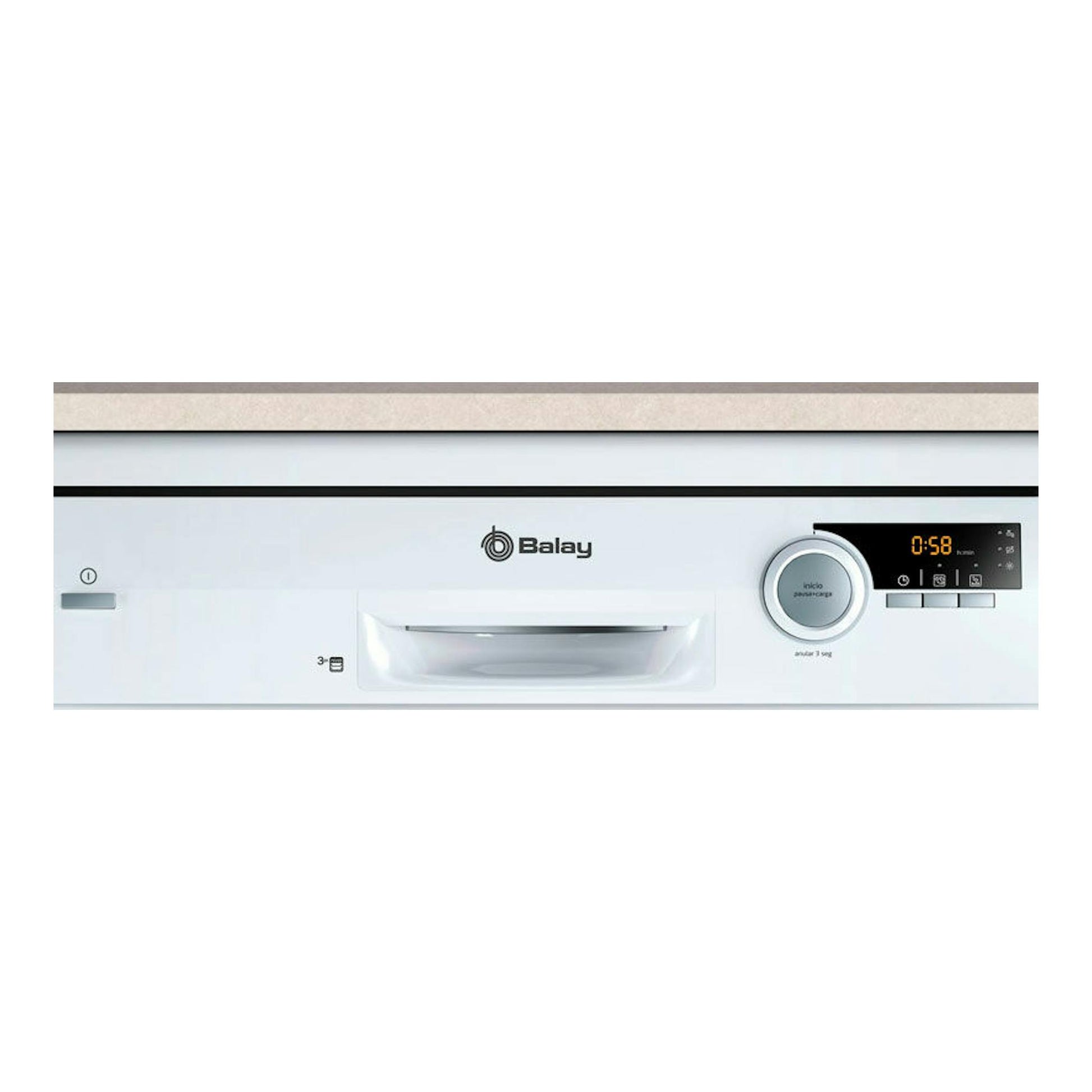 Lavavajillas Balay 3VS572BP blanco, vista frontal con panel digital y tirador central.