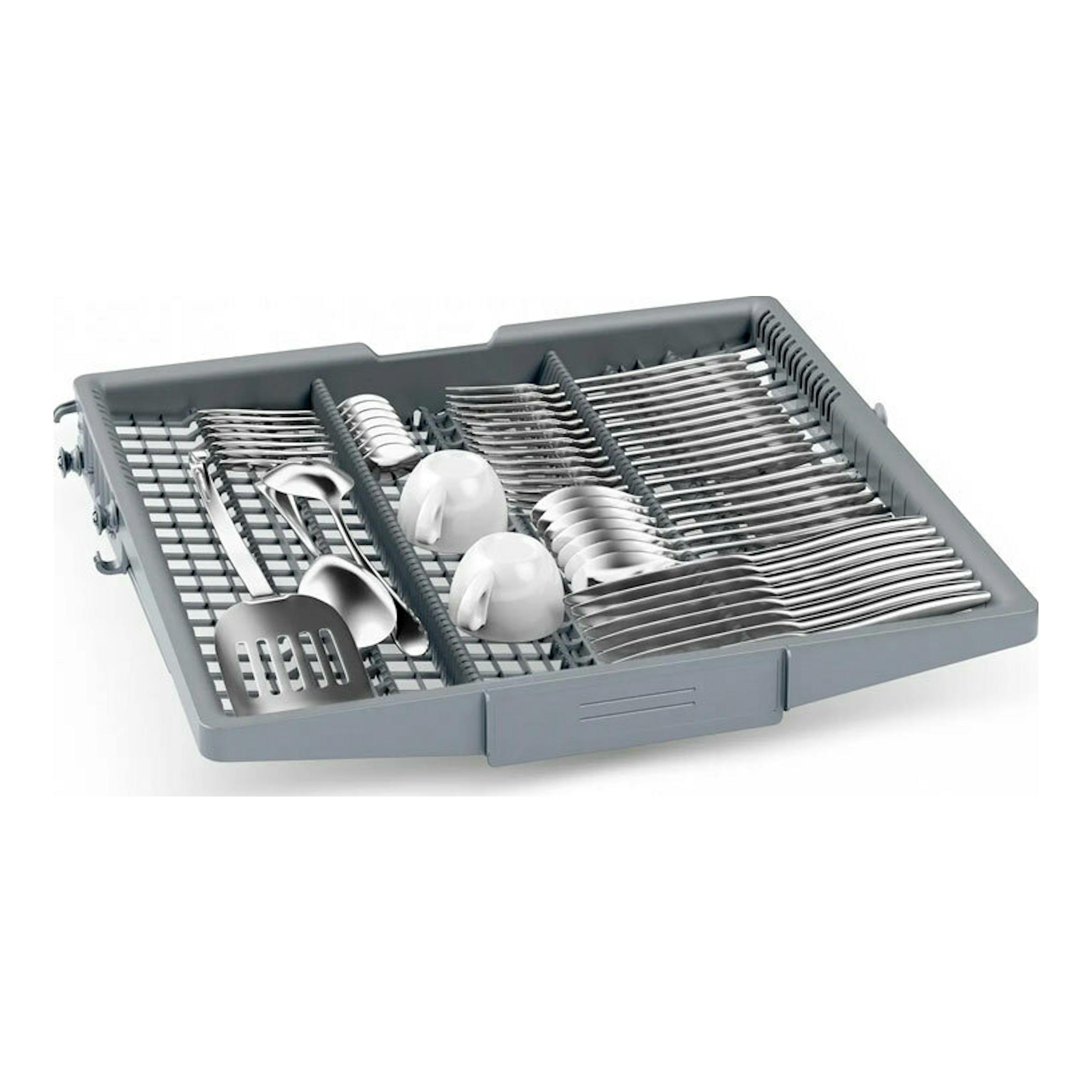 Bandeja superior para cubiertos gris de lavavajillas Balay 3VS572IP, vista en ángulo, con cubiertos.