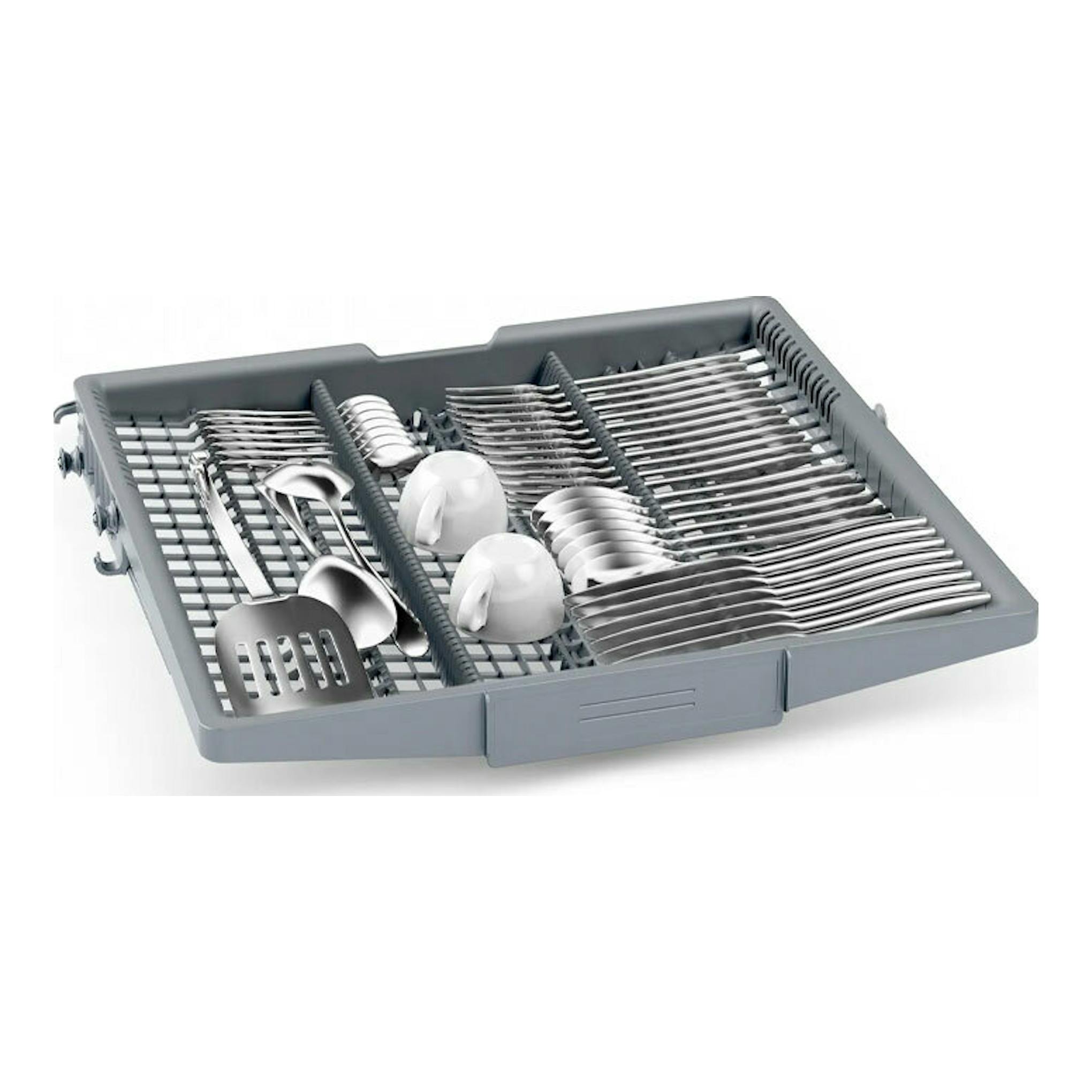 Balay 3VS6361IP: cestillo gris para cubiertos con cucharas, tenedores y tazas, vista en perspectiva.