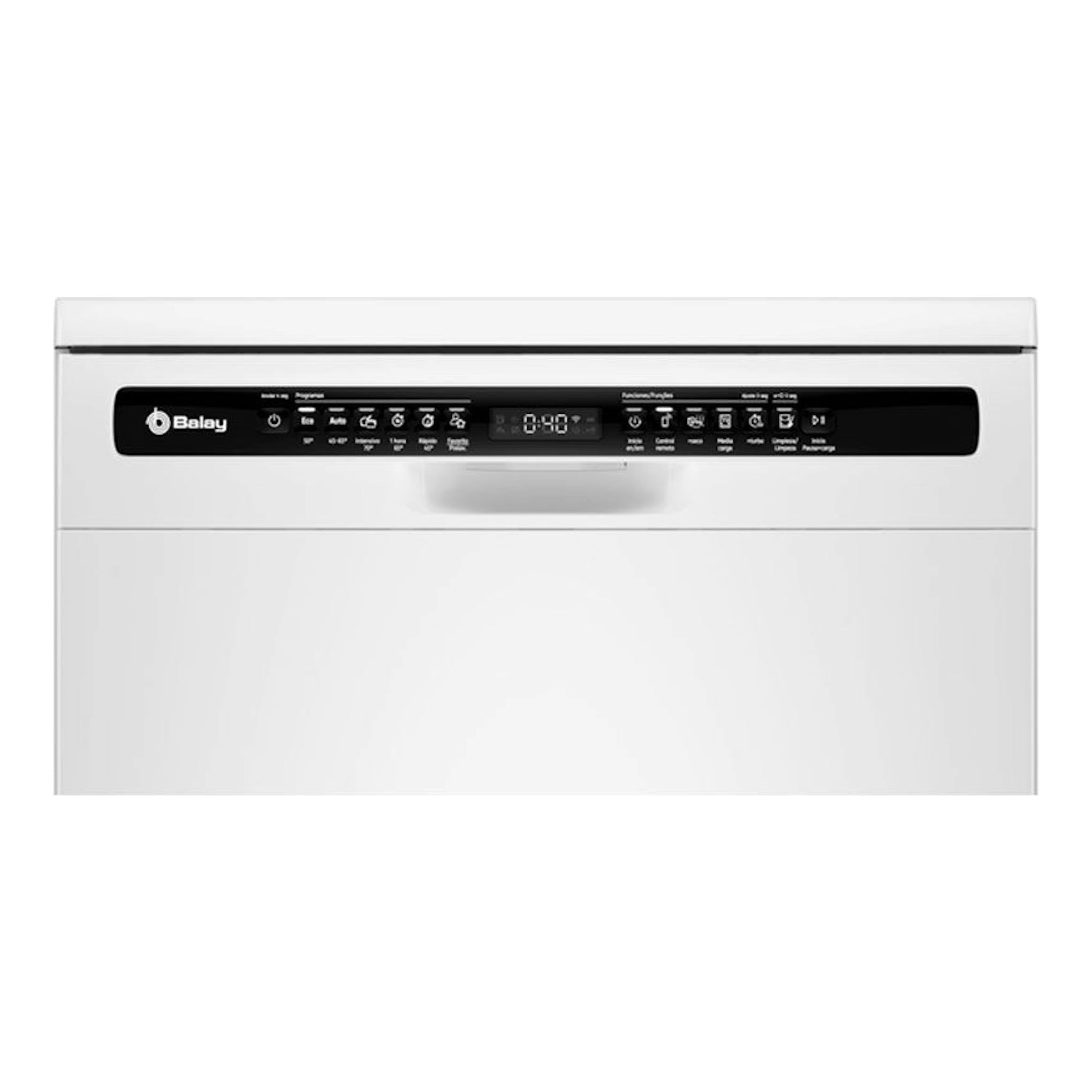 Lavavajillas Balay 3VS6660BA de 60 cm, blanco, vista frontal, con panel de control negro superior.
