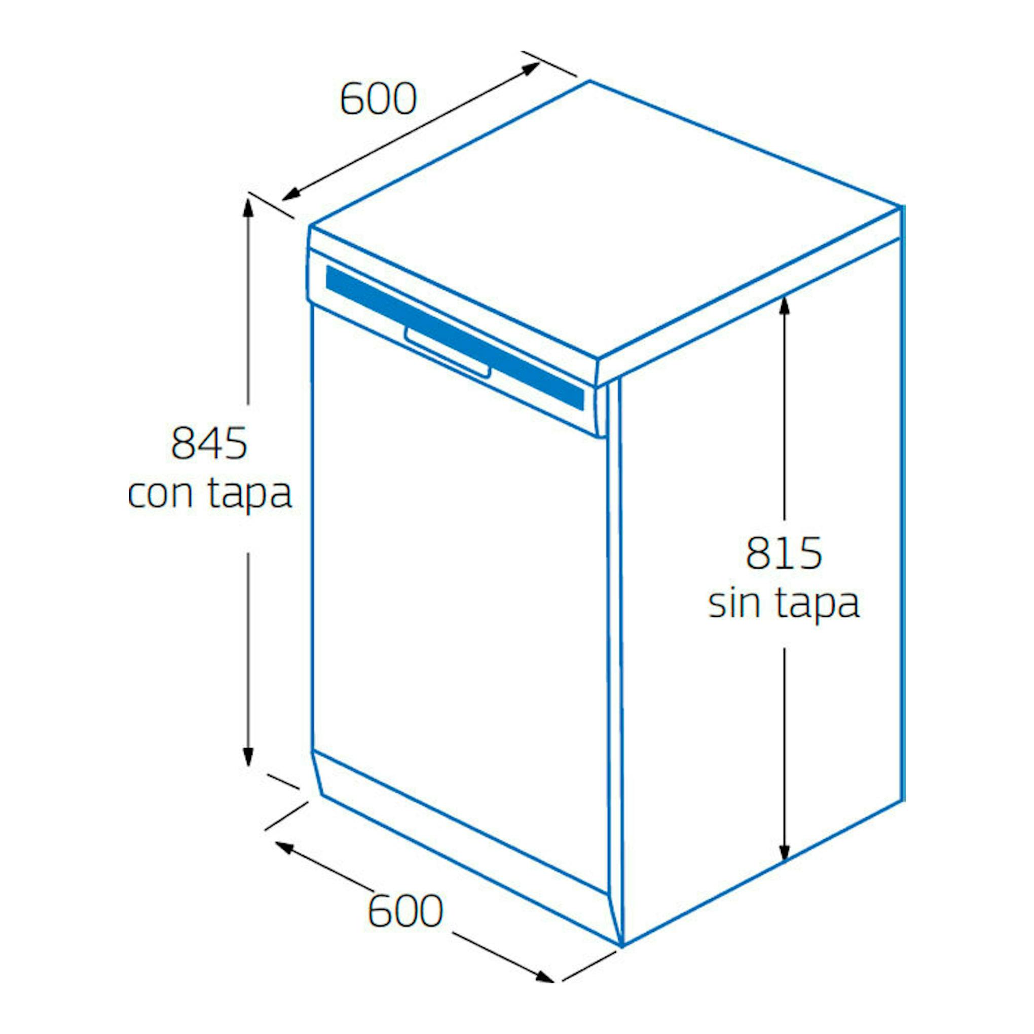 Lavavajillas Balay 3VS6661BA blanco, vista isométrica con medidas: 600x600 mm, 845 con tapa y 815 sin tapa.
