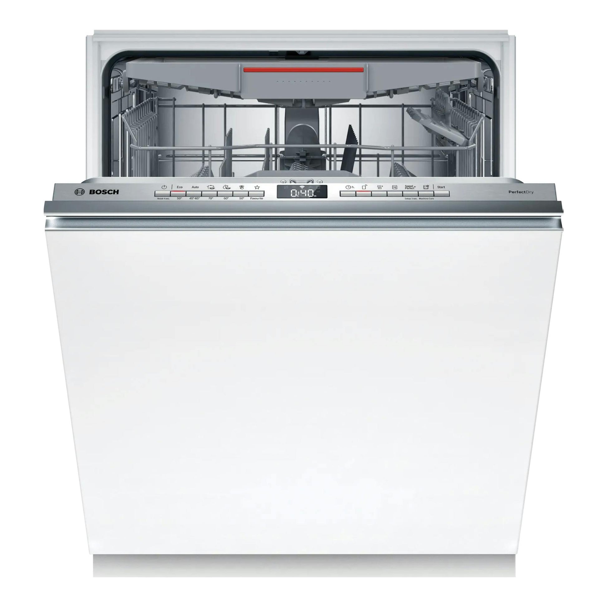 Lavavajillas integrable Bosch SBV6YCX02E, vista frontal con puerta abierta e interior gris.