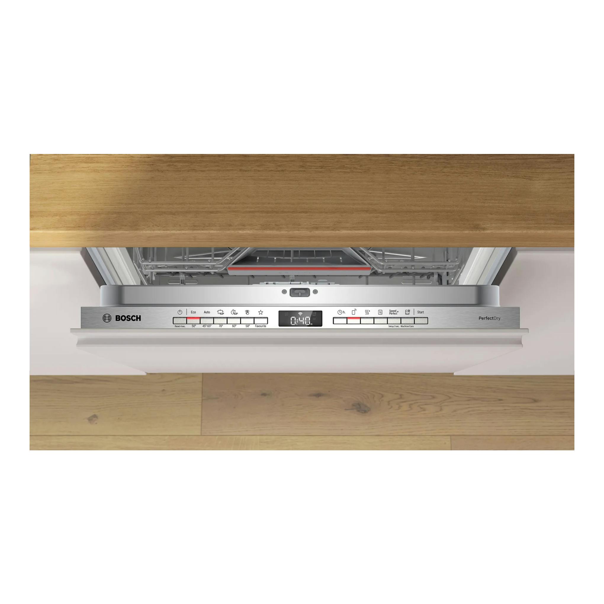 Lavavajillas integrable Bosch SBV6YCX02E en acero inox, visto de frente con la puerta abierta.