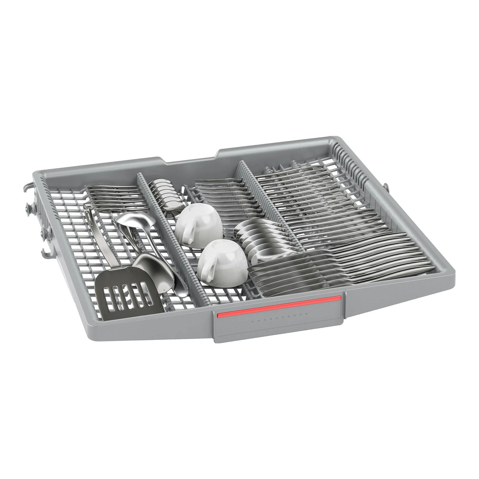 Cesto superior de lavavajillas Bosch SBV6YCX02E, vista cenital, gris, con cubiertos y tazas.