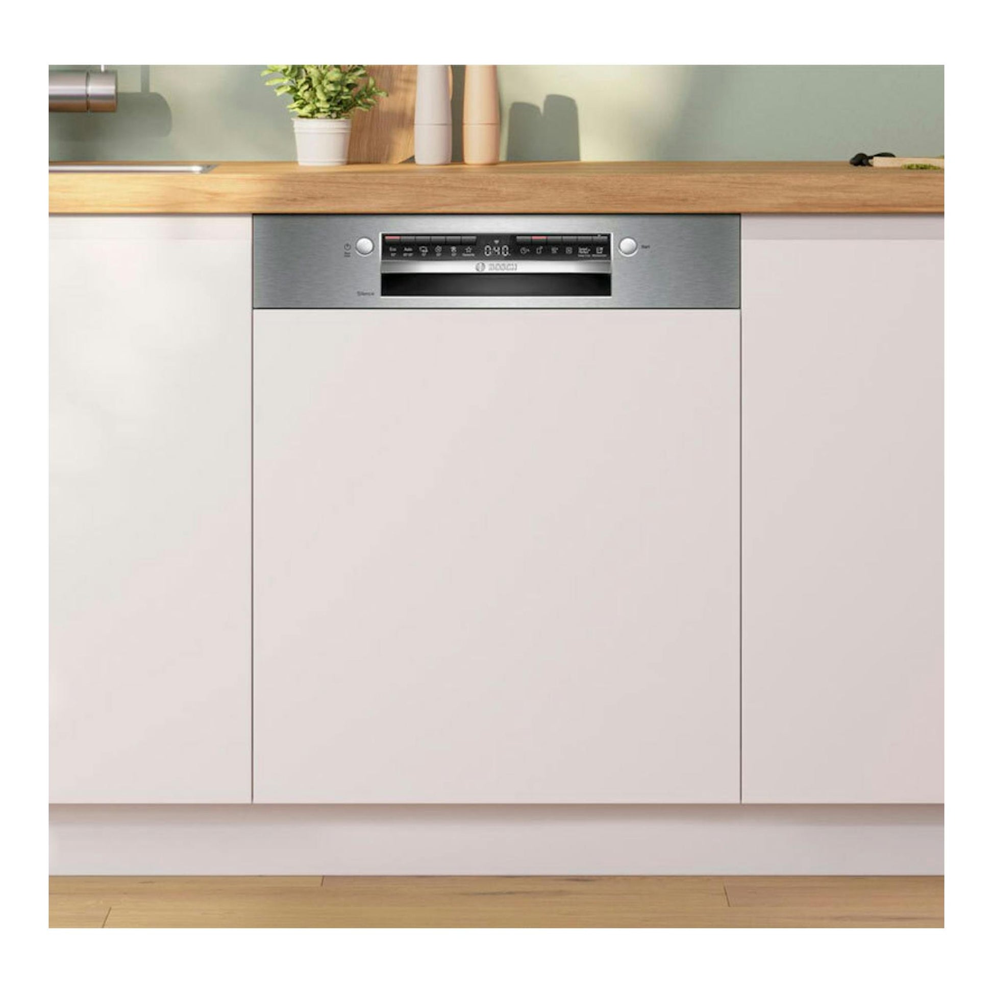 Lavavajillas Bosch SMI4HVS14E integrable, frontal blanco con panel superior de acero inoxidable y display.