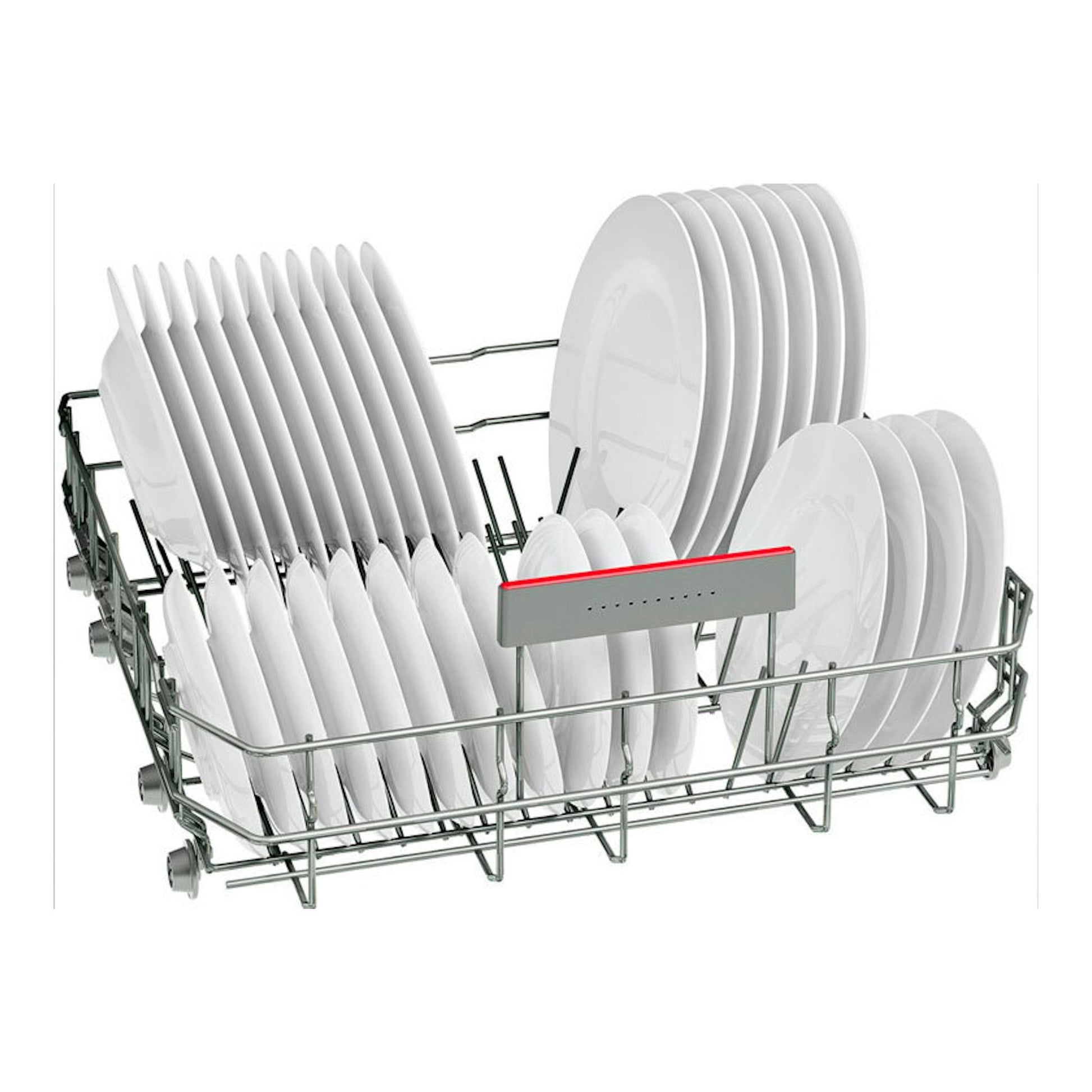 Cesta inferior de lavavajillas Bosch SMI4HVS14E con platos blancos, vista frontal inclinada.