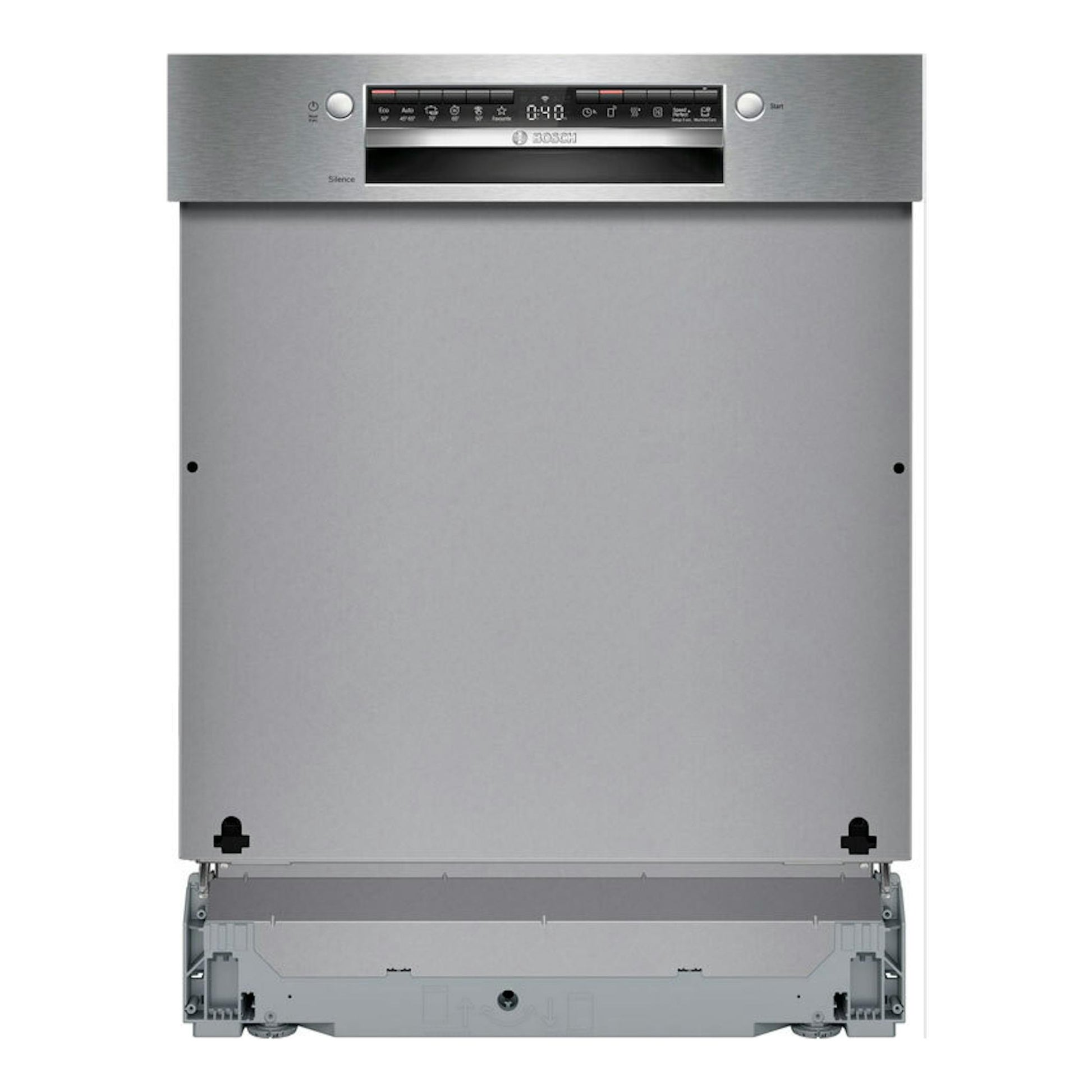 Lavavajillas Bosch SMI4HVS14E integrable de 60 cm, vista frontal, acabado en acero inoxidable.