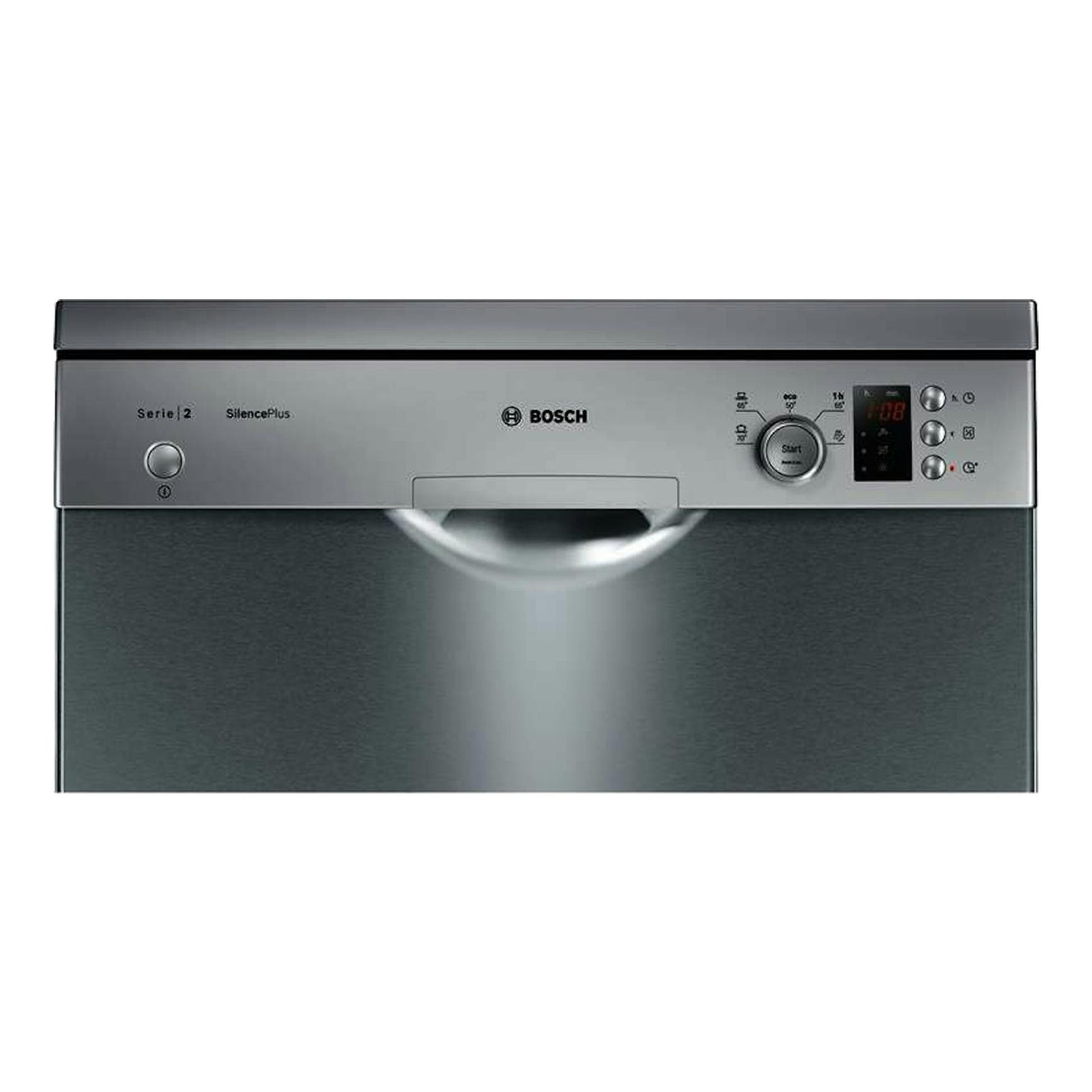 Lavavajillas Bosch SMS25AI05E, vista frontal, acabado inox y panel de control superior con display digital.