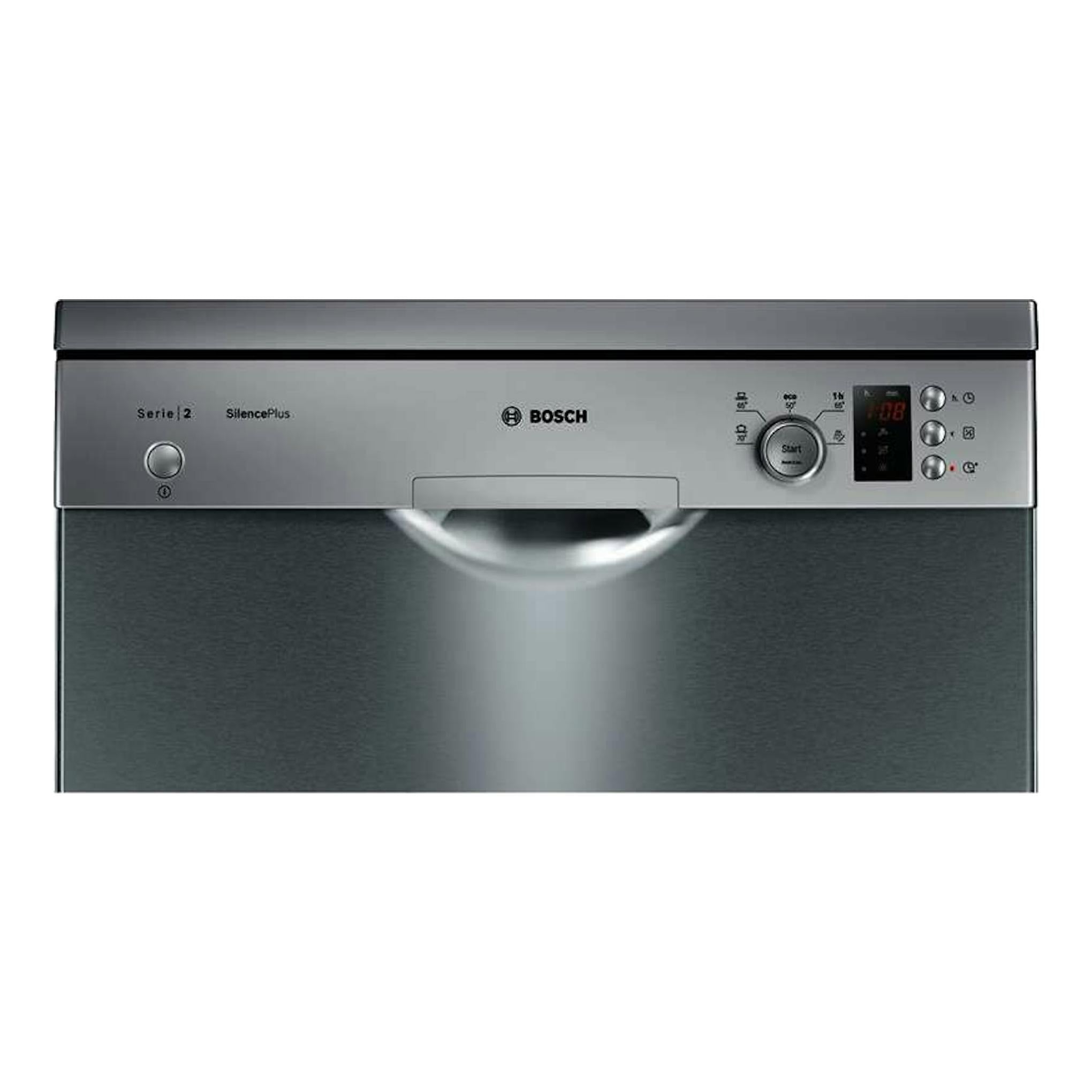 Lavavajillas Bosch SMS25AI05E, vista frontal, acabado inox y panel de control superior con display digital.