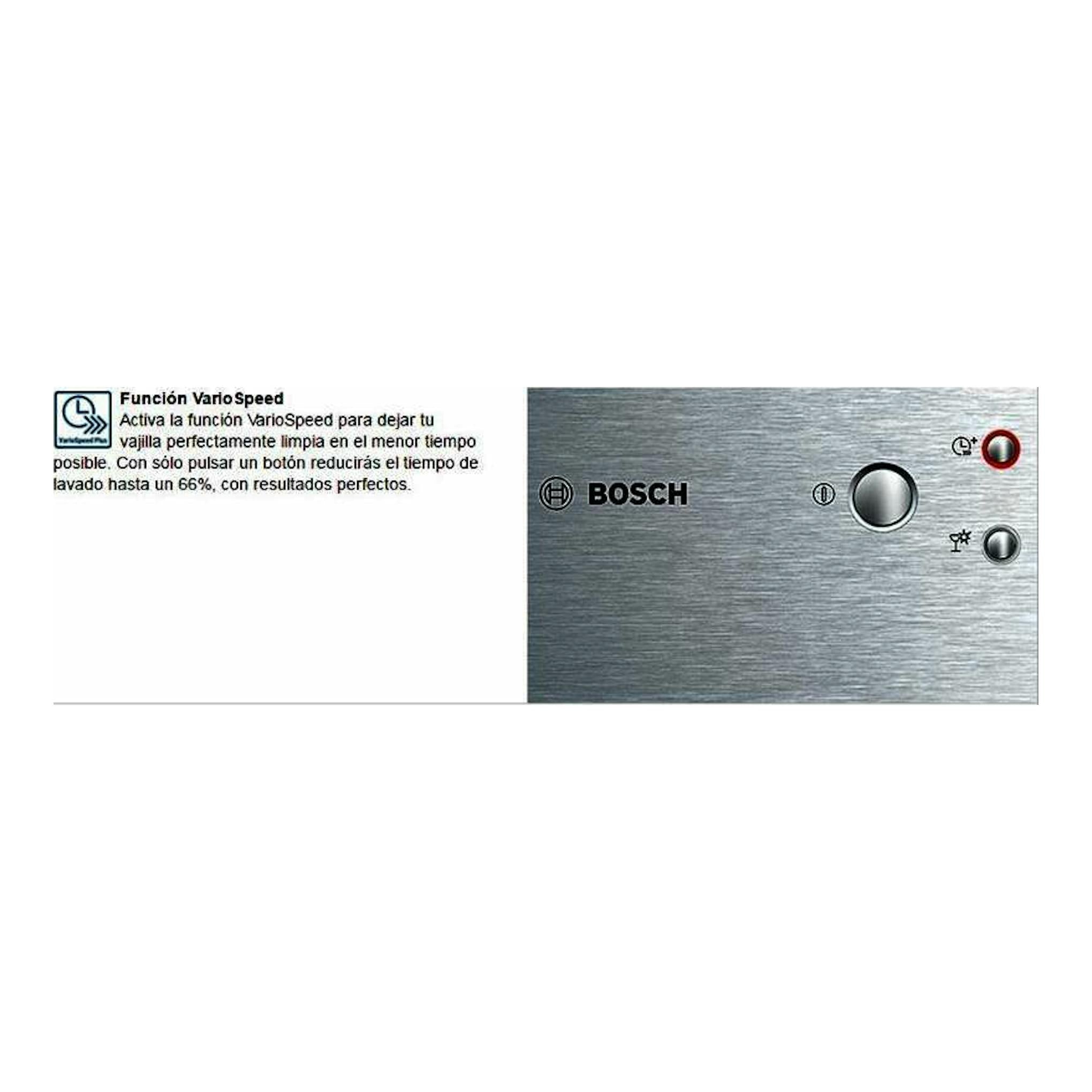 Bosch SMS25AI05E, detalle del panel frontal de lavavajillas en acero inoxidable con botones y logotipo BOSCH.