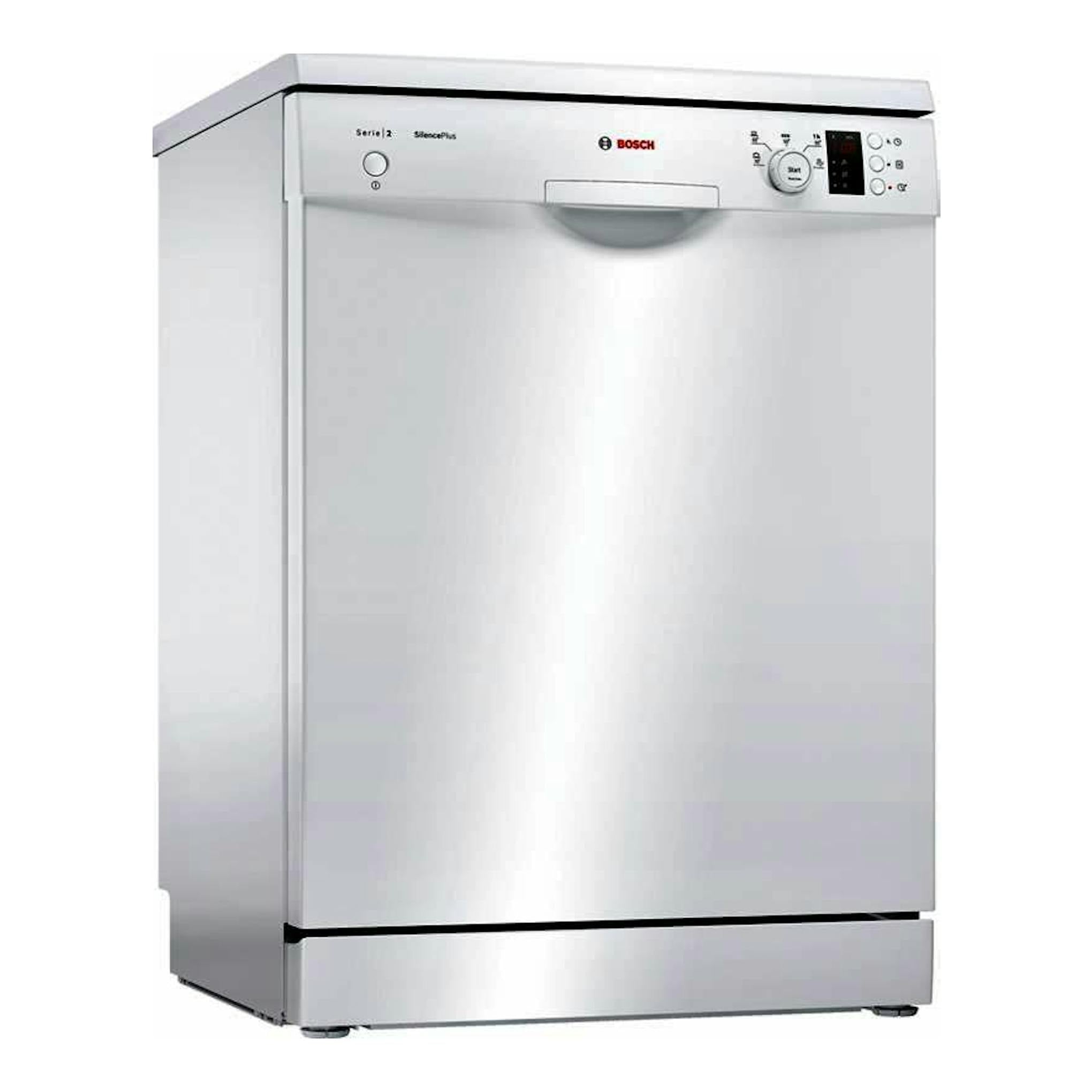 Lavavajillas Bosch SMS25AW05E de 60 cm, frontal en acero inoxidable, con panel de controles superior.