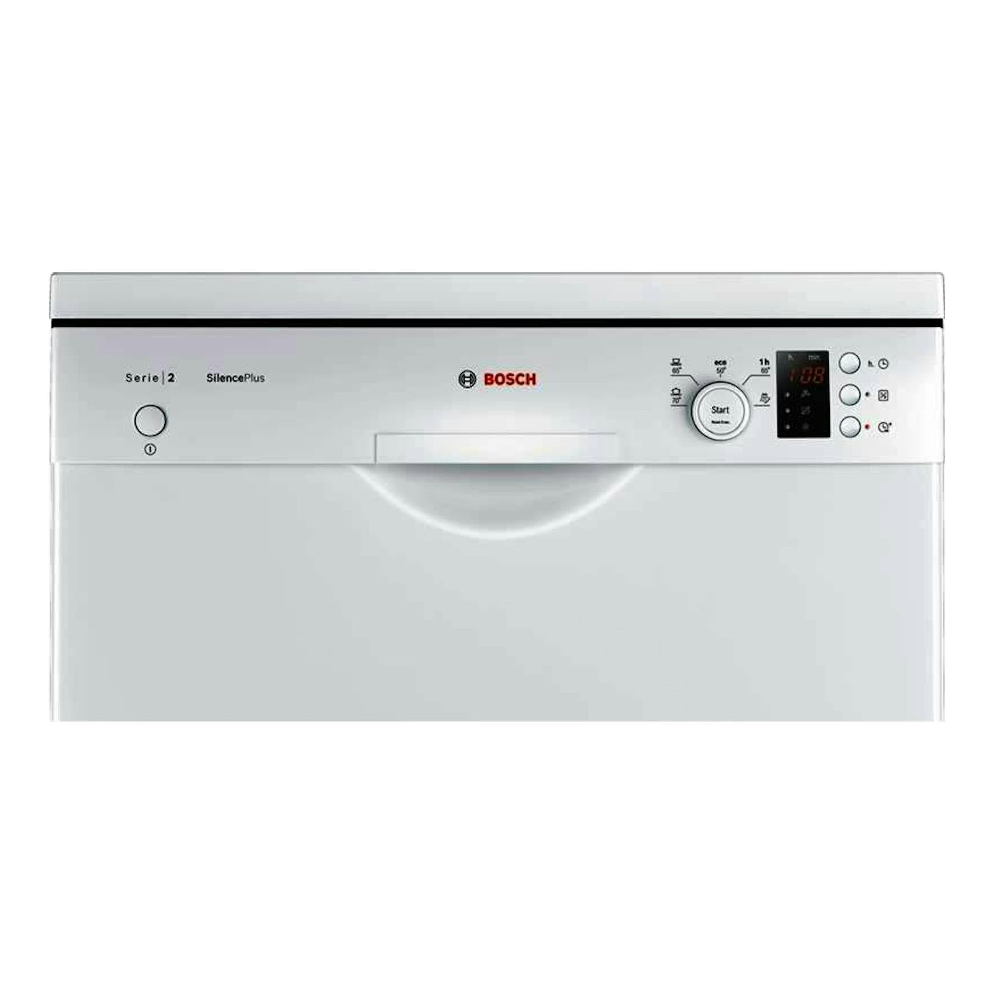 Lavavajillas Bosch SMS25AW05E blanco, vista frontal con panel de control superior.
