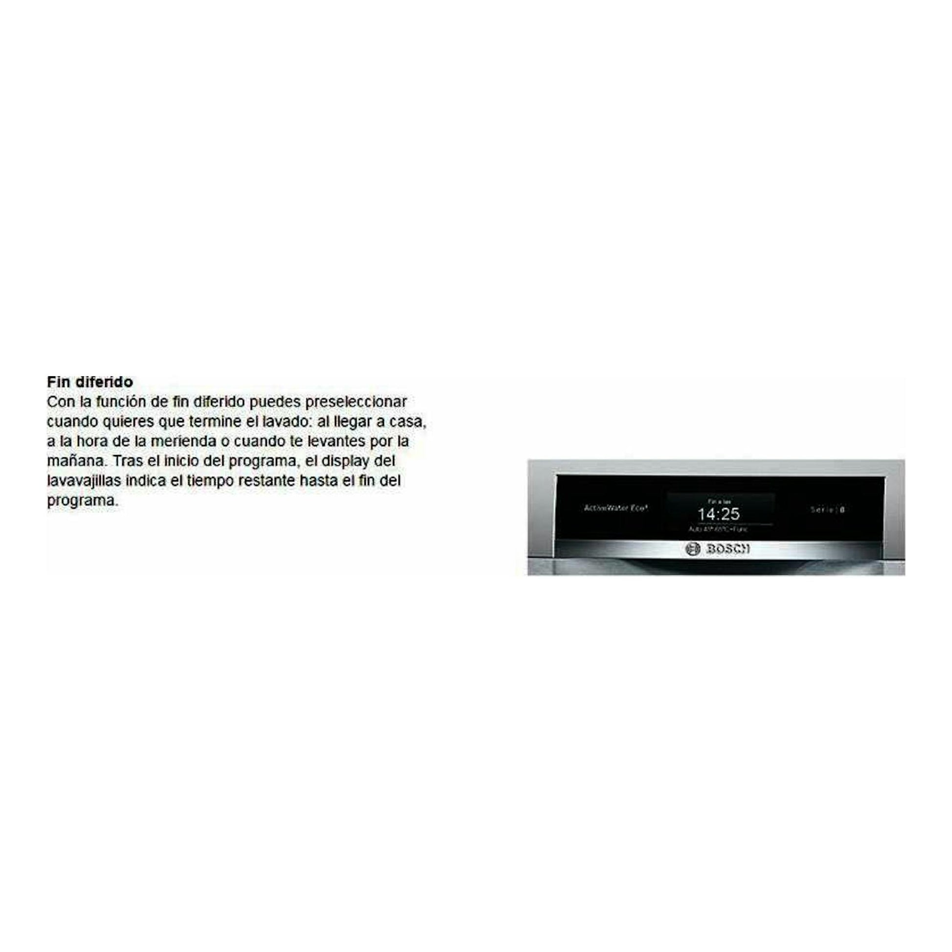 Panel de control de lavavajillas Bosch SMS25AW05E en gris y negro, con display digital y texto sobre fin diferido.