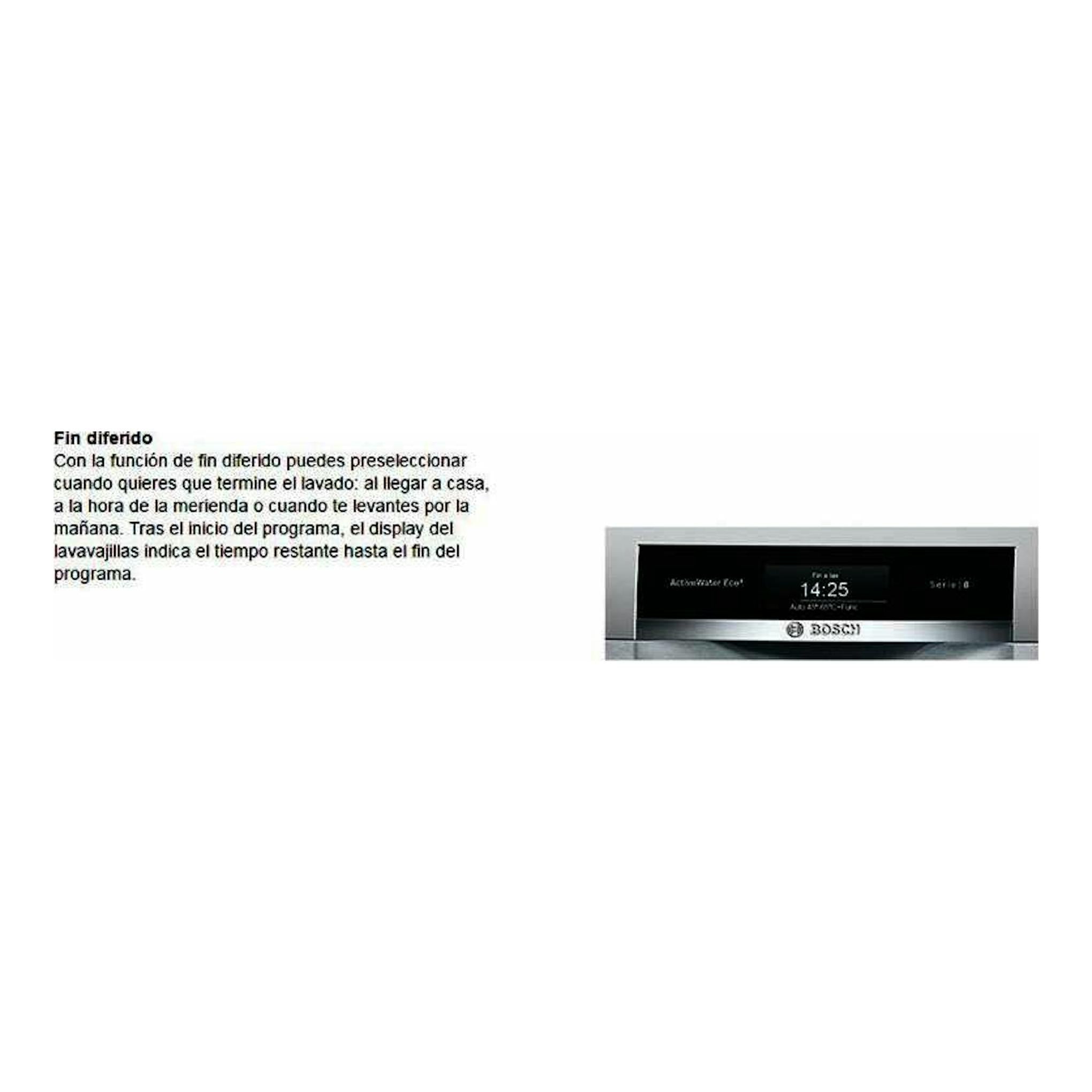 Panel de control de lavavajillas Bosch SMS25AW05E en gris y negro, con display digital y texto sobre fin diferido.