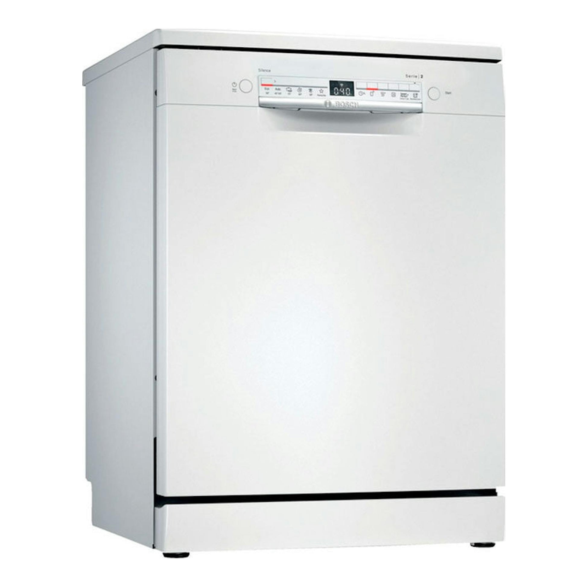 Lavavajillas Bosch SMS2HKW00E blanco, vista frontal, con panel de control superior.