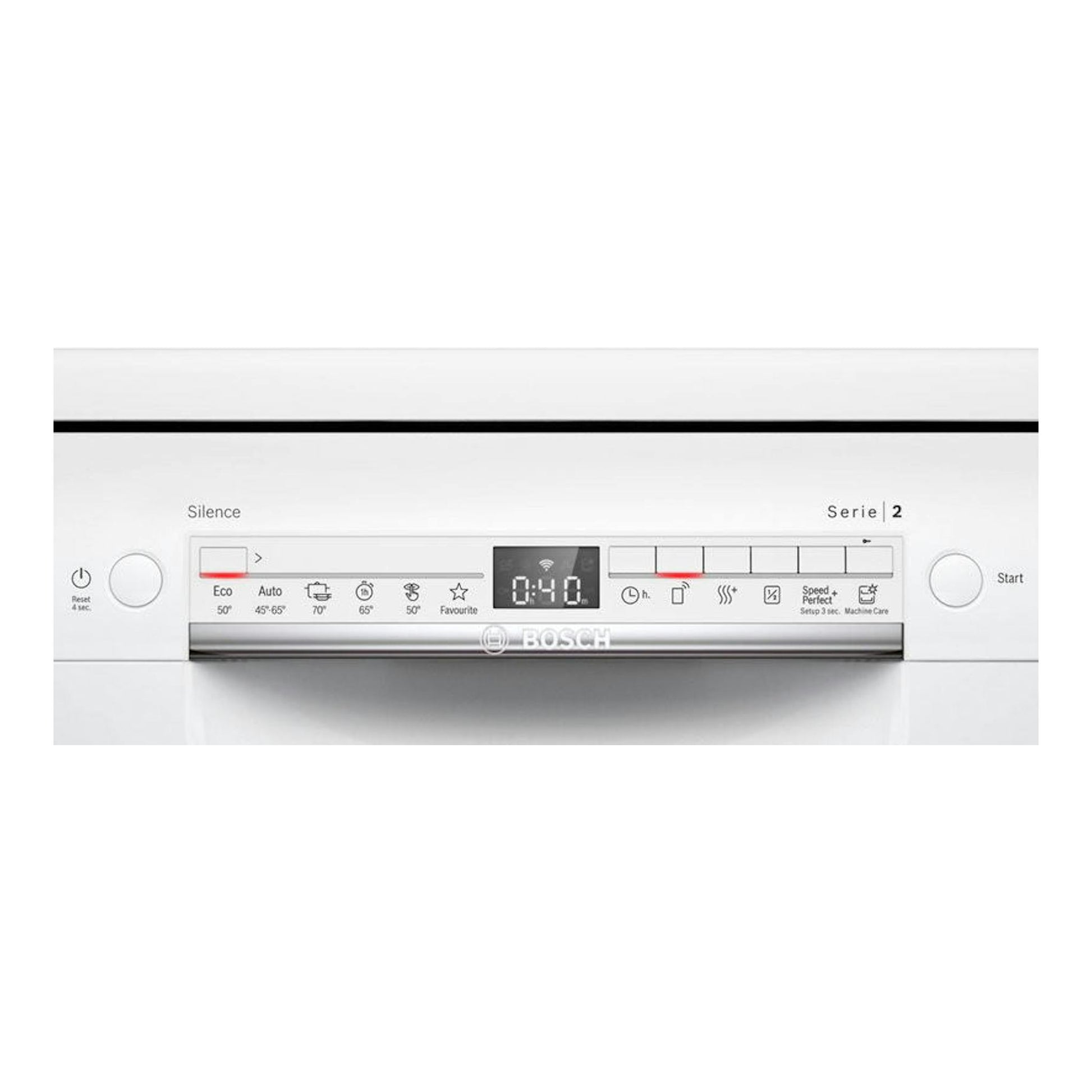 Lavavajillas Bosch SMS2HKW00E blanco, vista frontal con panel de control y display central.