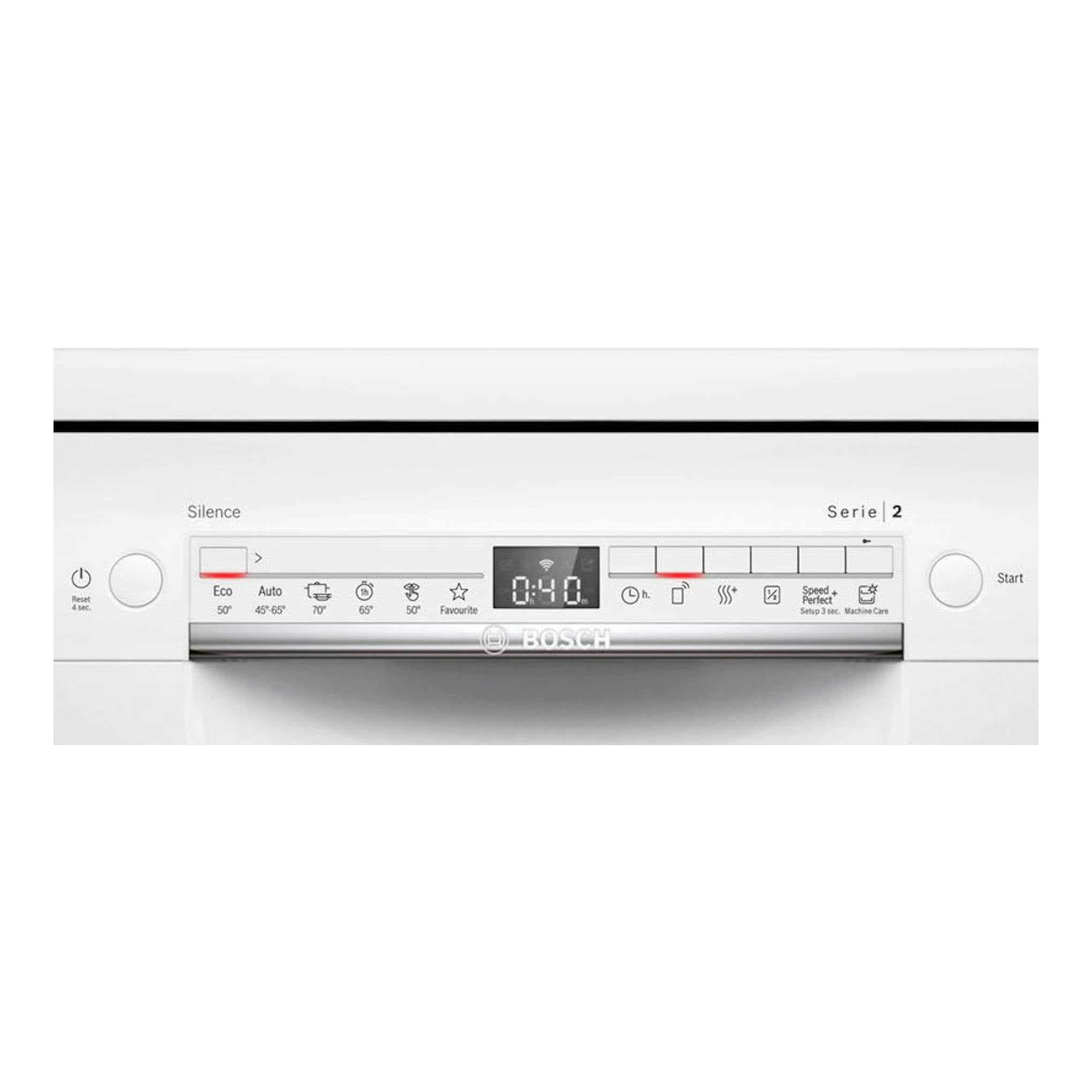 Lavavajillas Bosch SMS2HKW00E blanco, vista frontal con panel de control y display central.