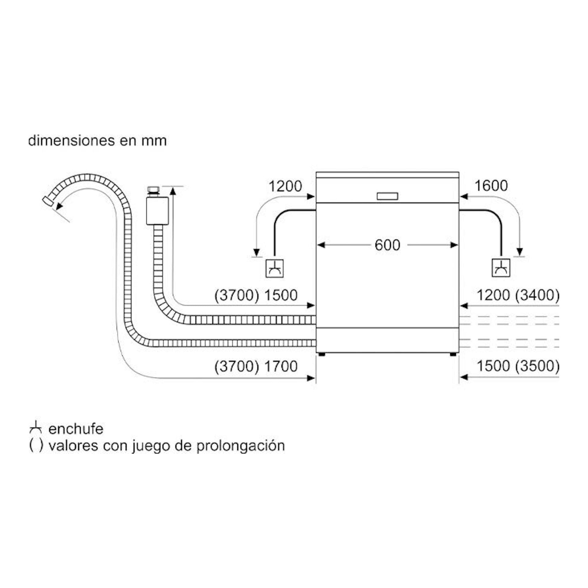 Esquema técnico frontal de lavavajillas Bosch SMS2HMW04E de 60 cm, con dimensiones en mm y conexiones de agua.