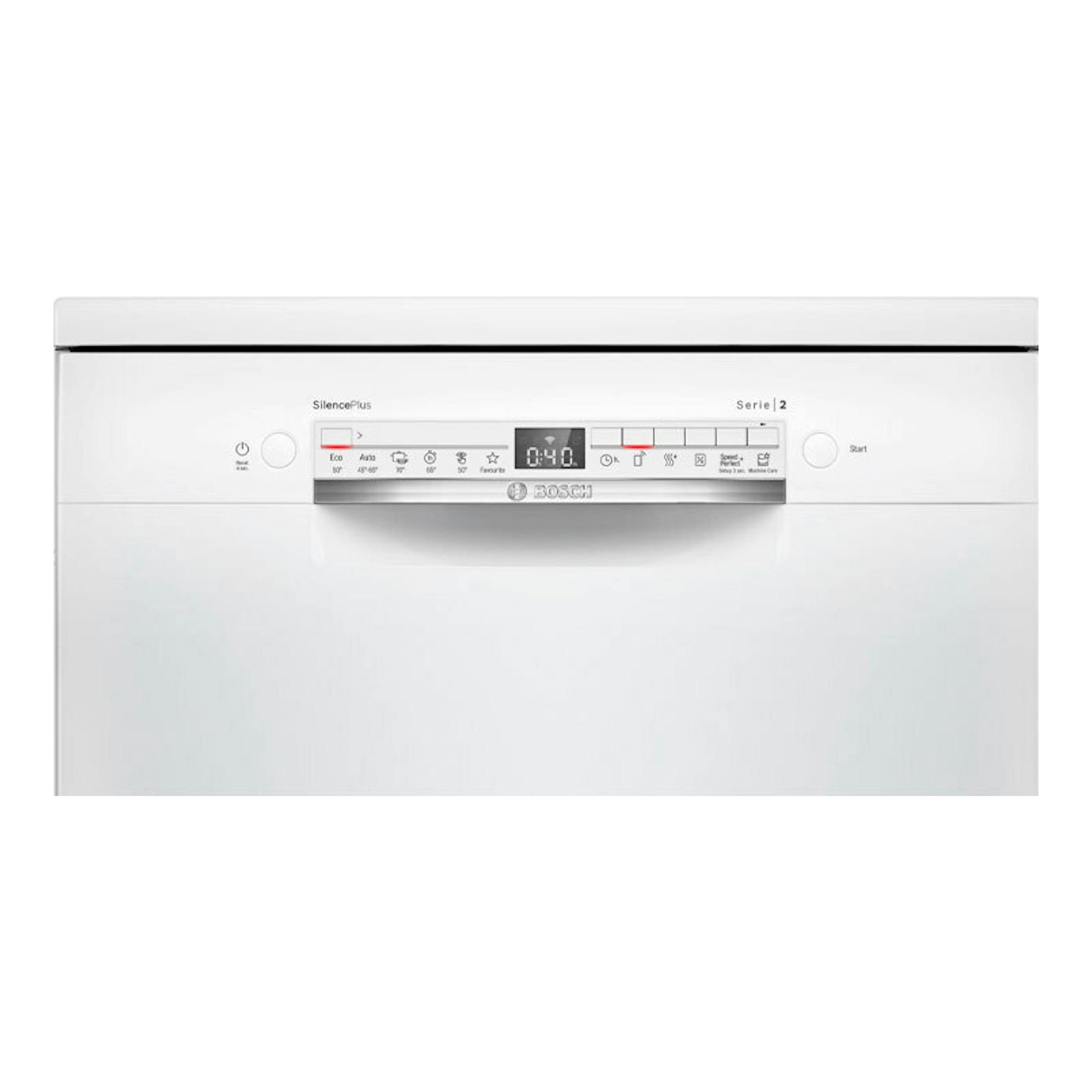 Lavavajillas Bosch SMS2HMW04E blanco, vista frontal, panel de control superior y display central.