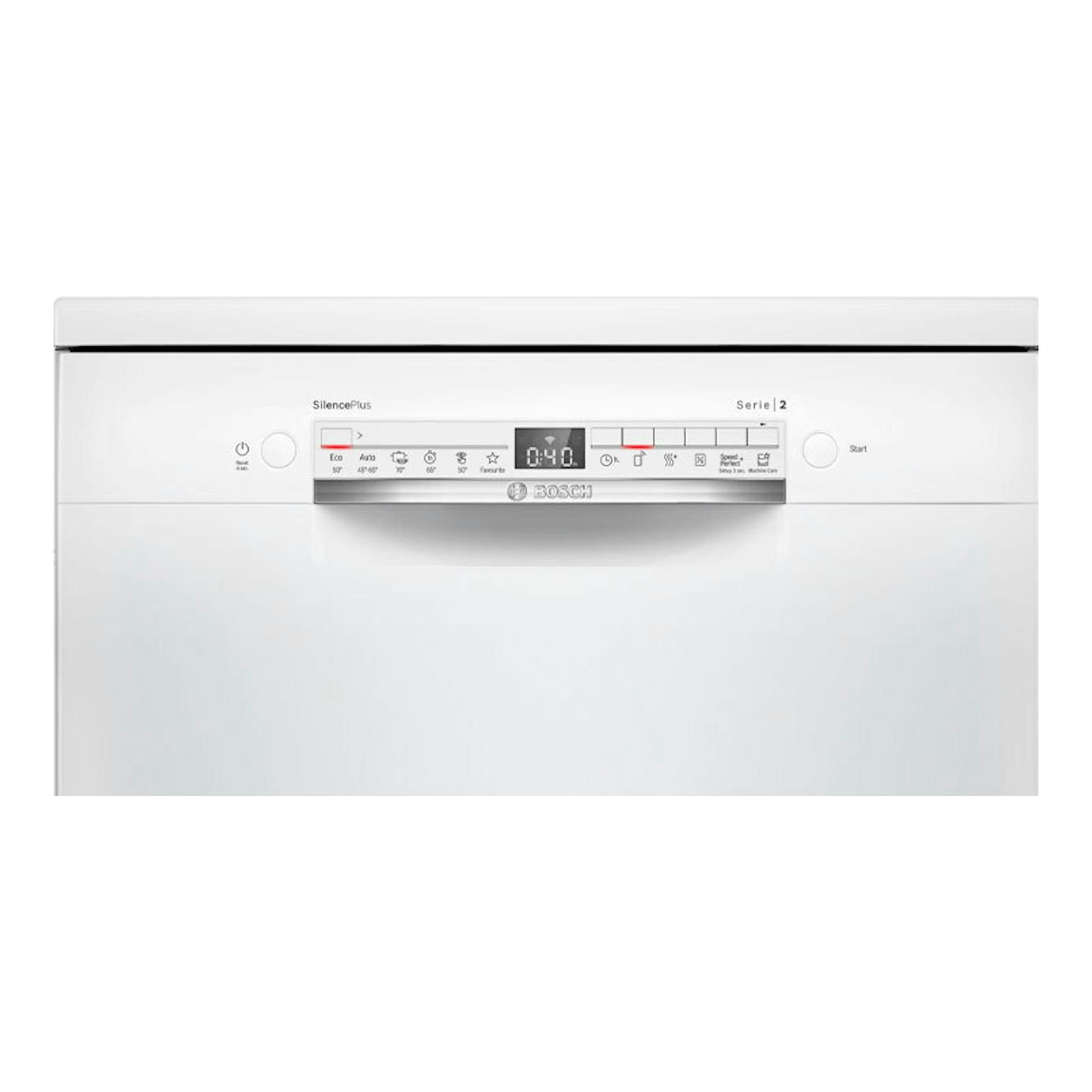Lavavajillas Bosch SMS2HMW04E blanco, vista frontal, panel de control superior y display central.