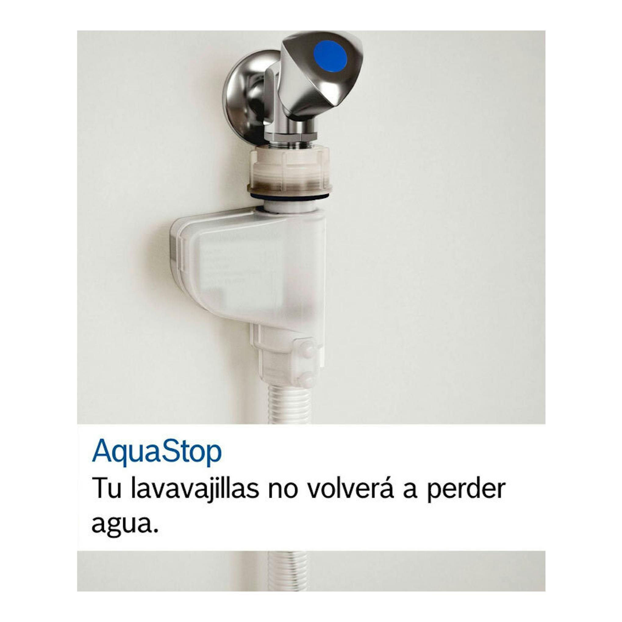 Bosch SMS2HTW06E con AquaStop: válvula y manguera blancas, vista frontal sobre fondo claro.