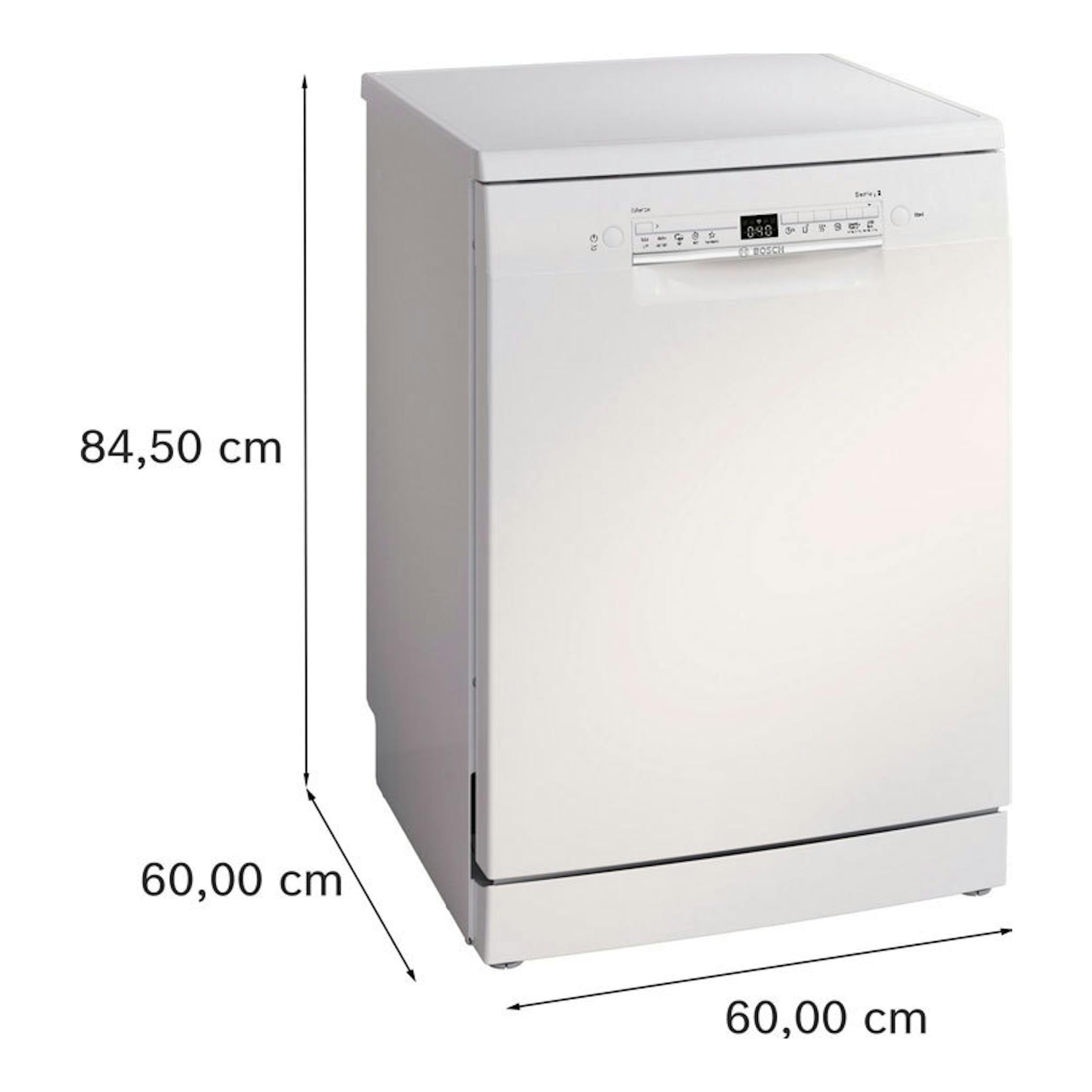Lavavajillas Bosch SMS2HTW06E blanco, vista frontal en 3/4, con medidas 84,5 x 60 x 60 cm.