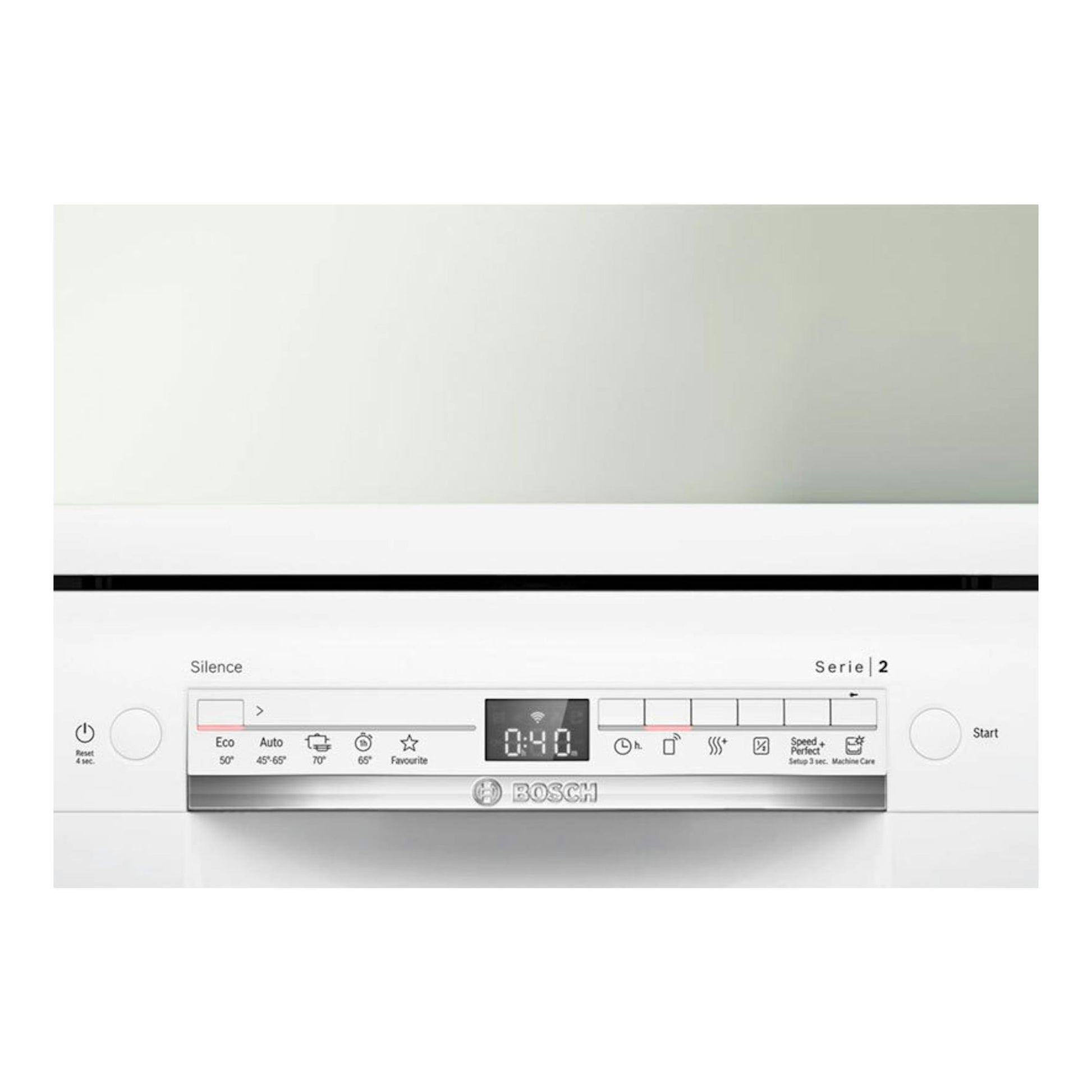 Panel frontal de lavavajillas Bosch Serie 2 SMS2HTW06E, blanco, con pantalla y botones táctiles.