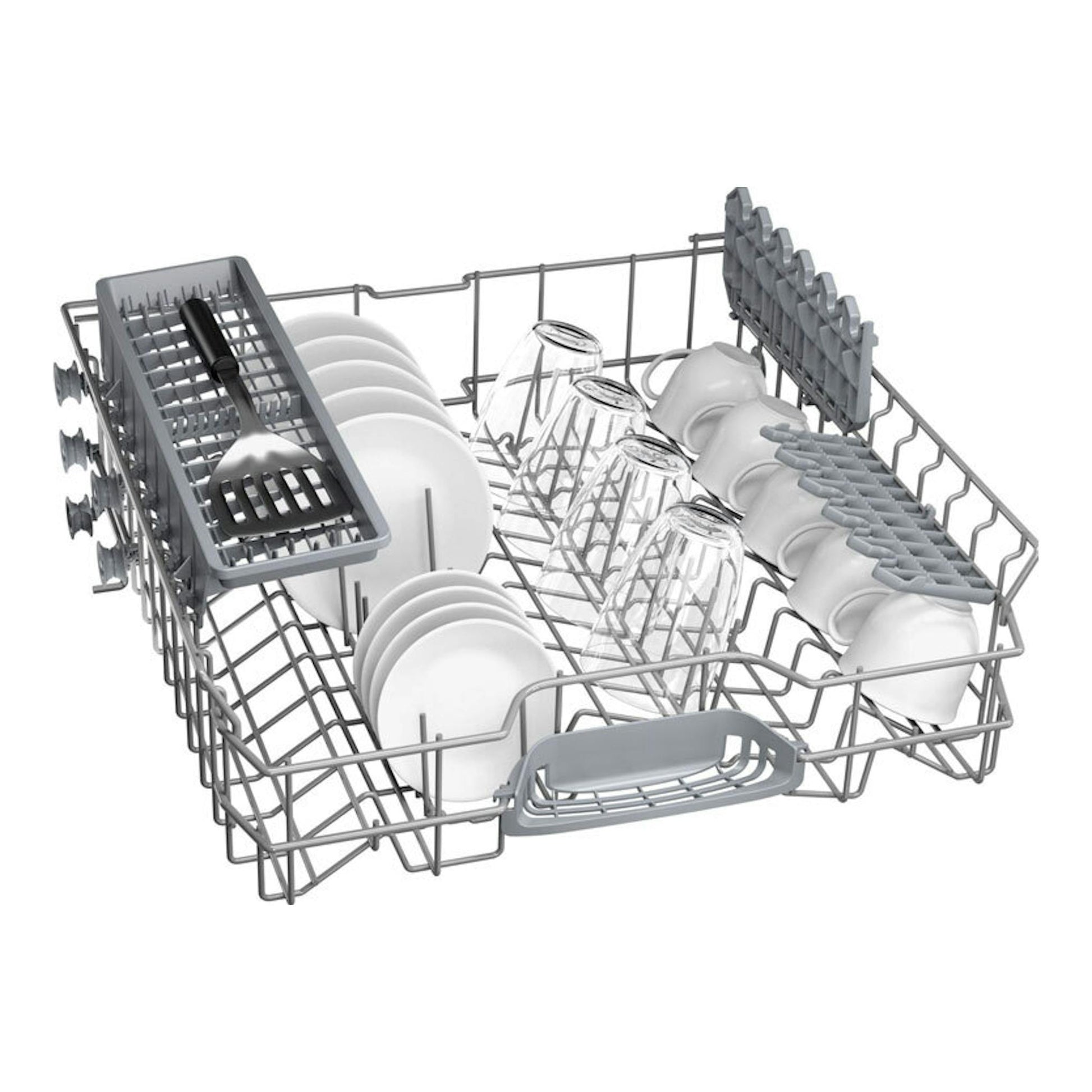 Bosch SMS2HTW06E: cesta inferior de lavavajillas con platos, vasos y cubiertos en vista frontal.