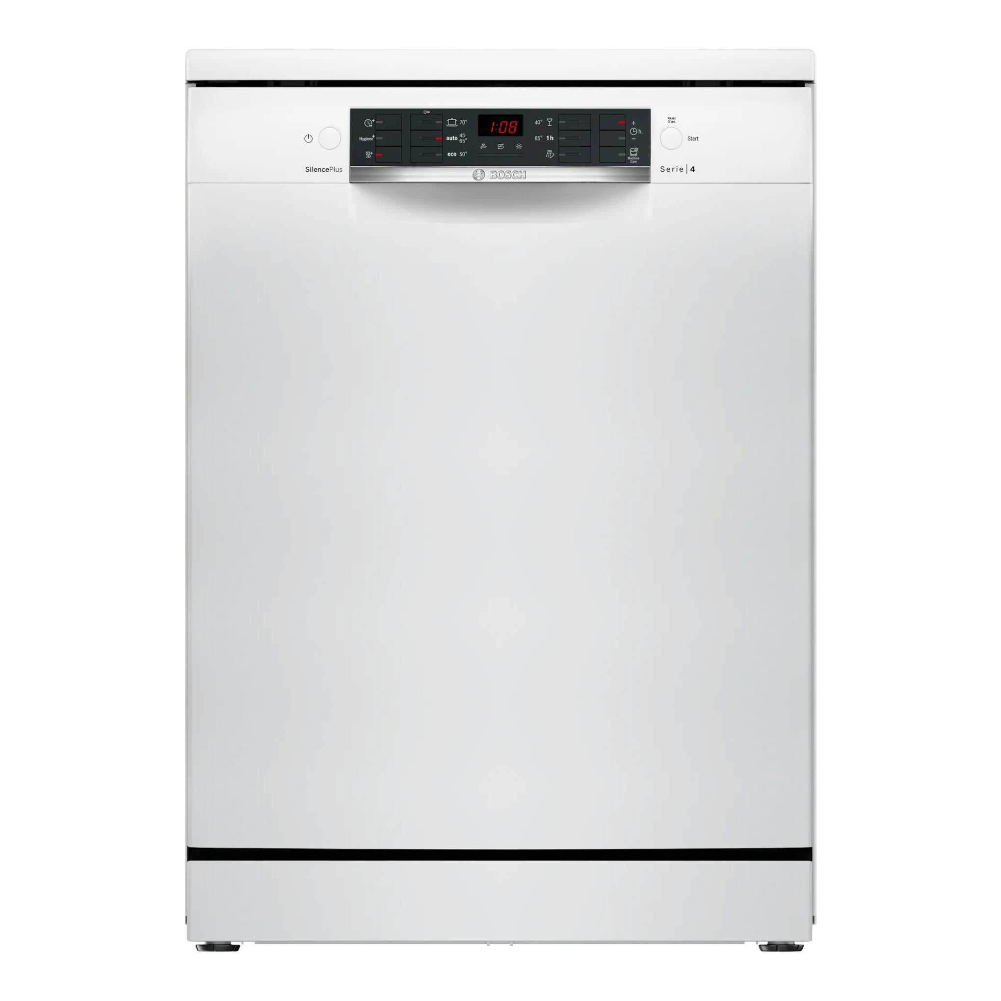 Lavavajillas Bosch SMS46KW02E blanco, vista frontal, con panel de control superior y display central.