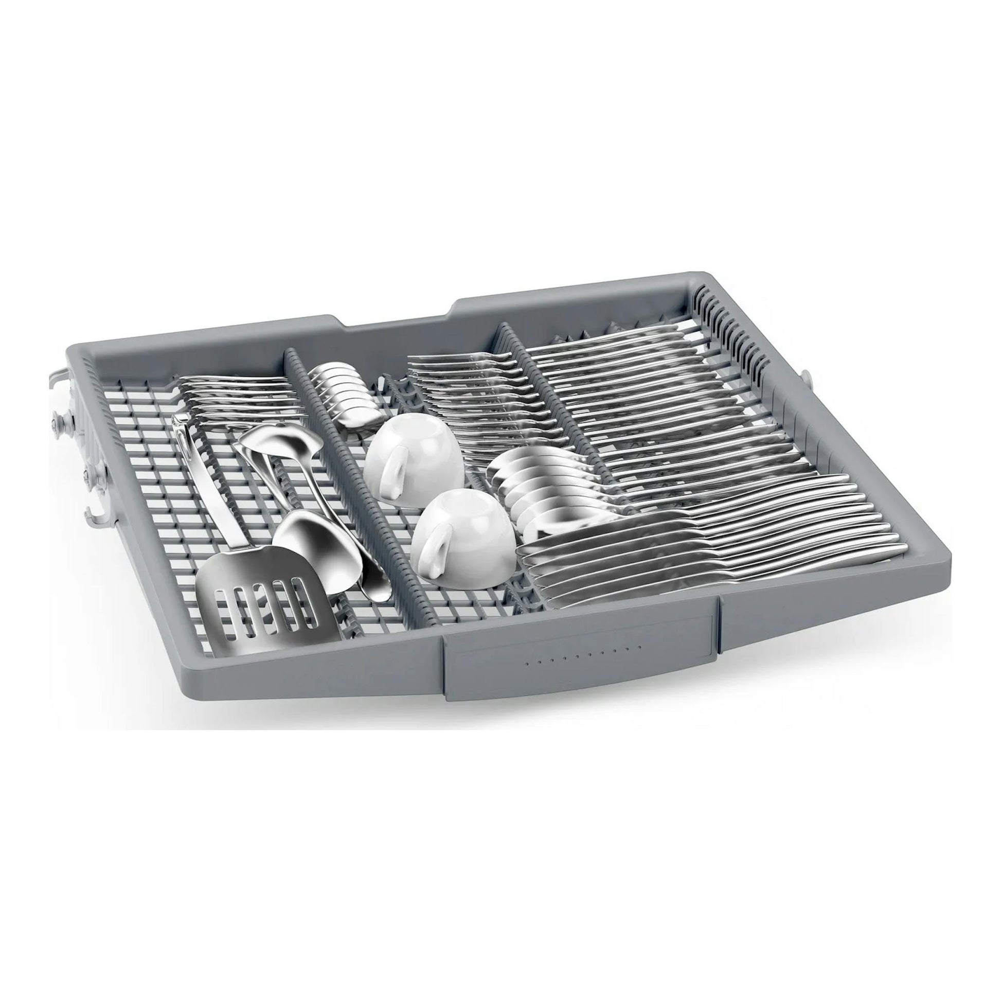 Bosch SMS46KW02E: bandeja gris extraíble para cubiertos con cucharas, tenedores y dos tazas, vista en perspectiva.