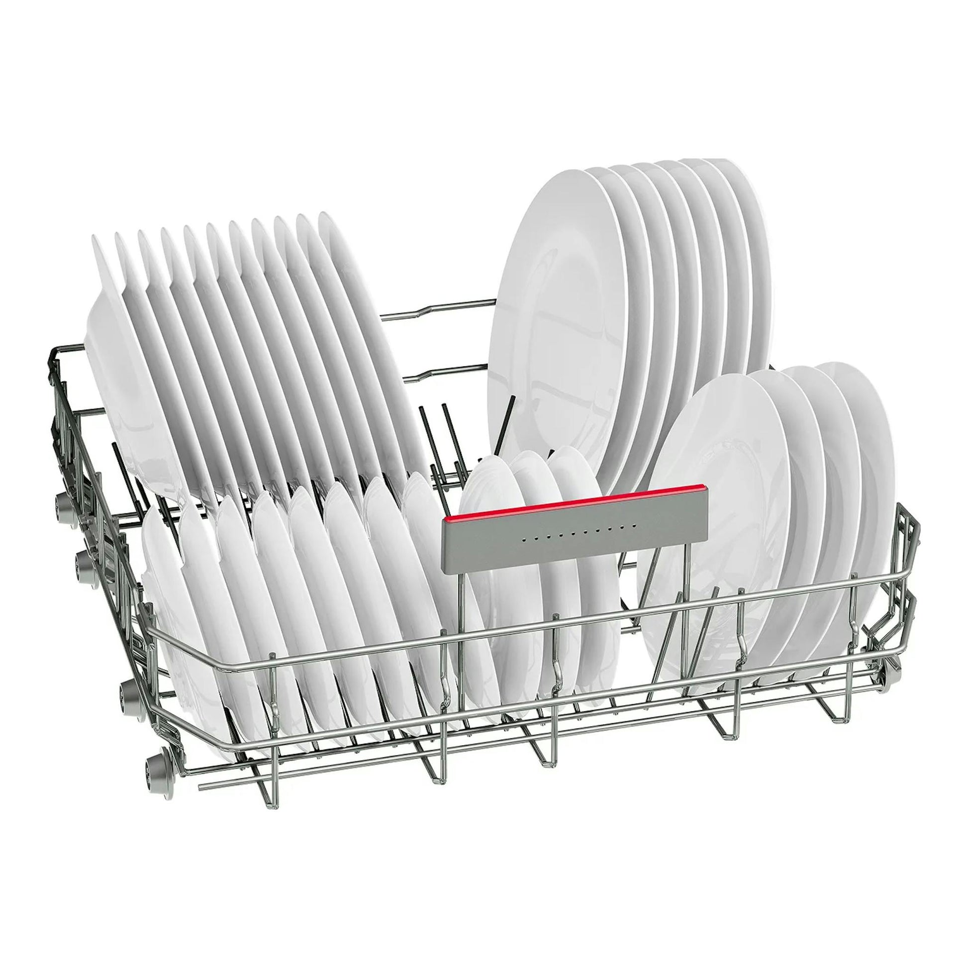 Lavavajillas Bosch SMS46KW02E, cesta interior metálica con platos blancos colocados, vista en ángulo.