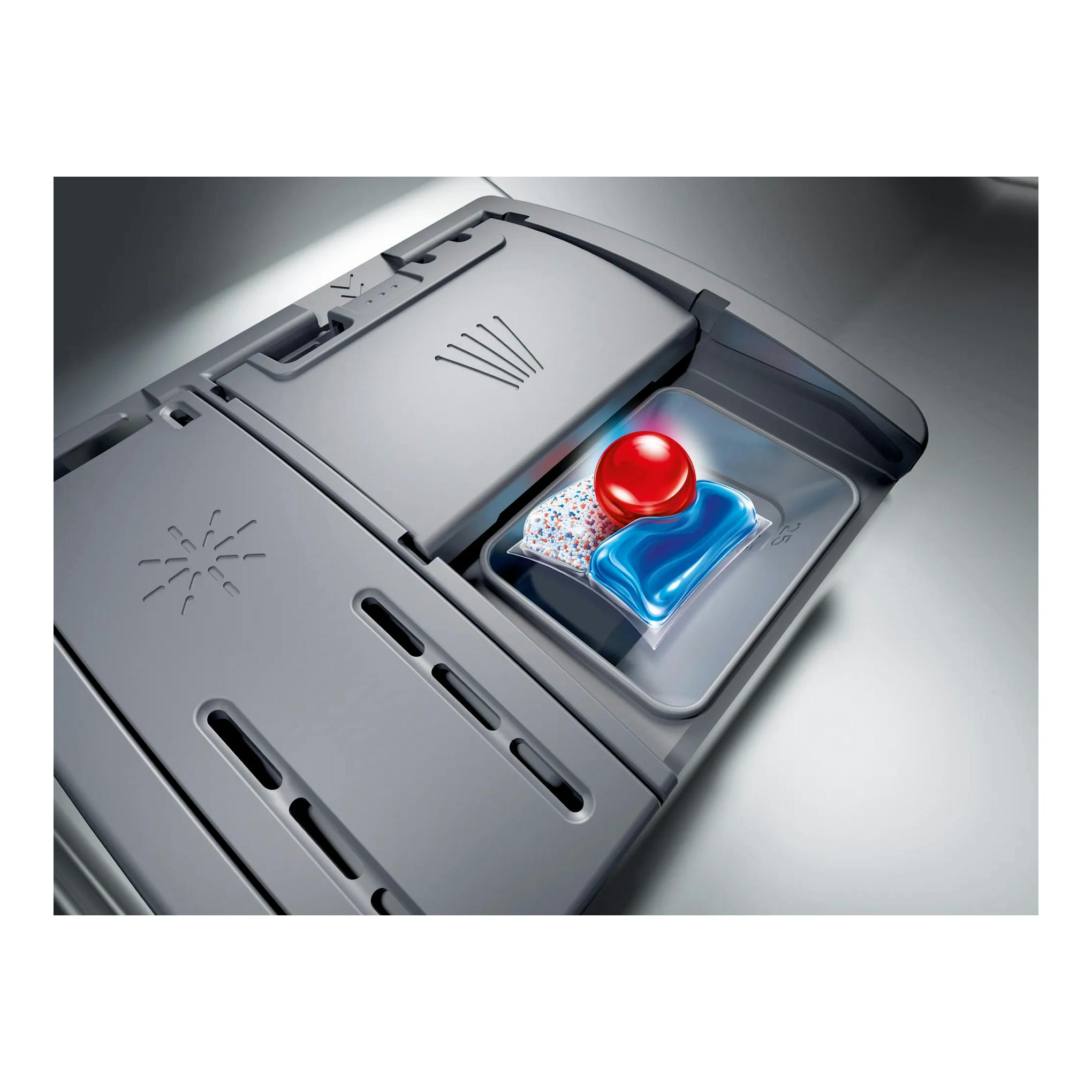 Bosch SMH6YCX02E, lavavajillas integrable en vista superior, con compartimento para detergente y cápsula.