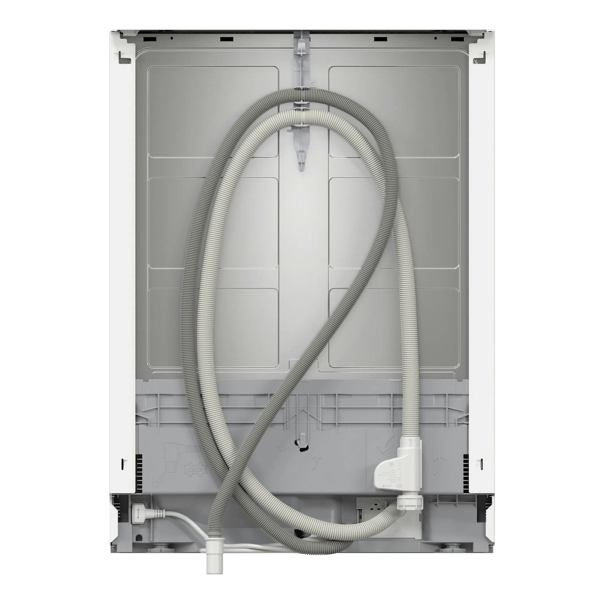 Lavavajillas Bosch SMS46KW02E, vista trasera en blanco y gris con mangueras y conexiones visibles.