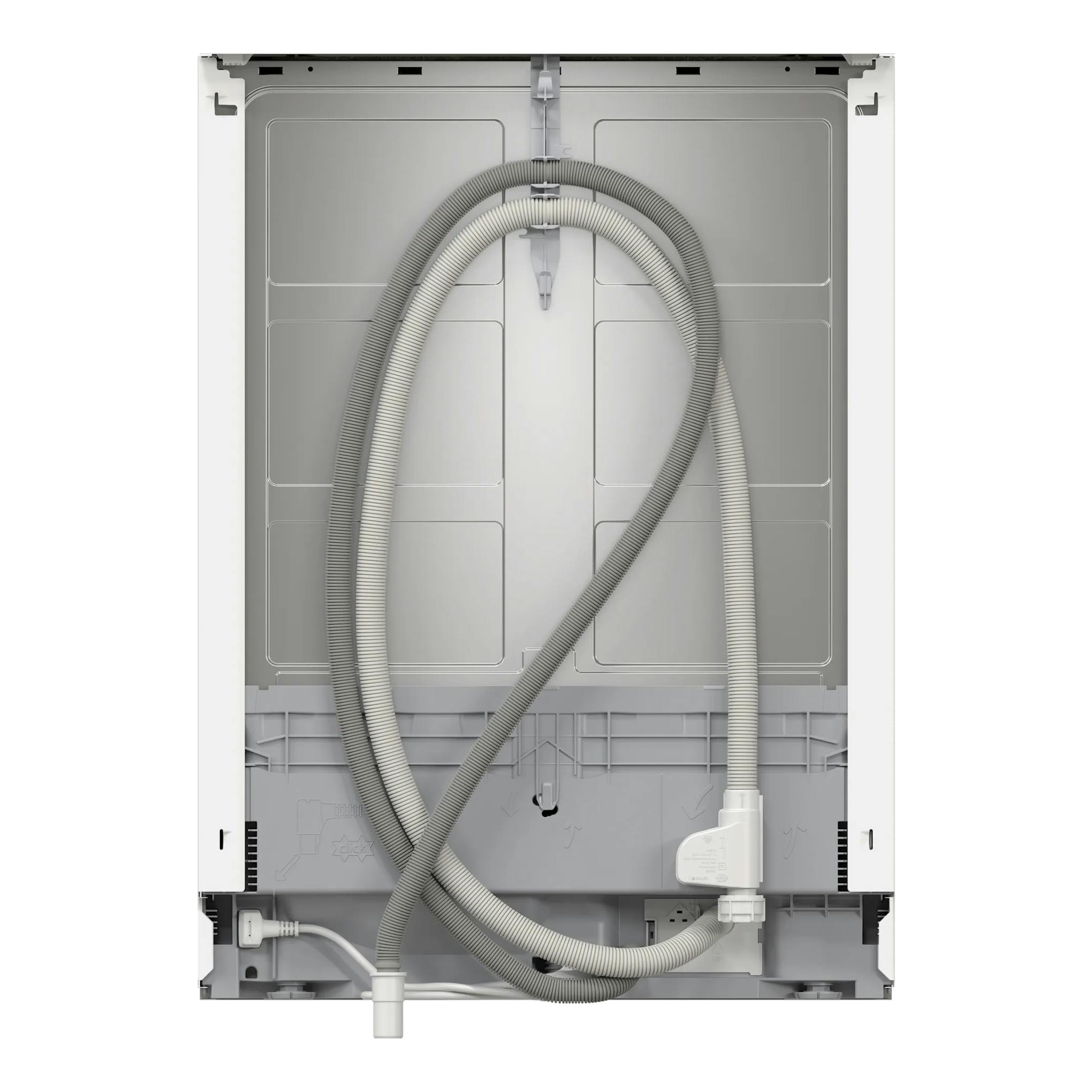 Lavavajillas Bosch SMS46KW02E, vista trasera en blanco y gris con mangueras y conexiones visibles.
